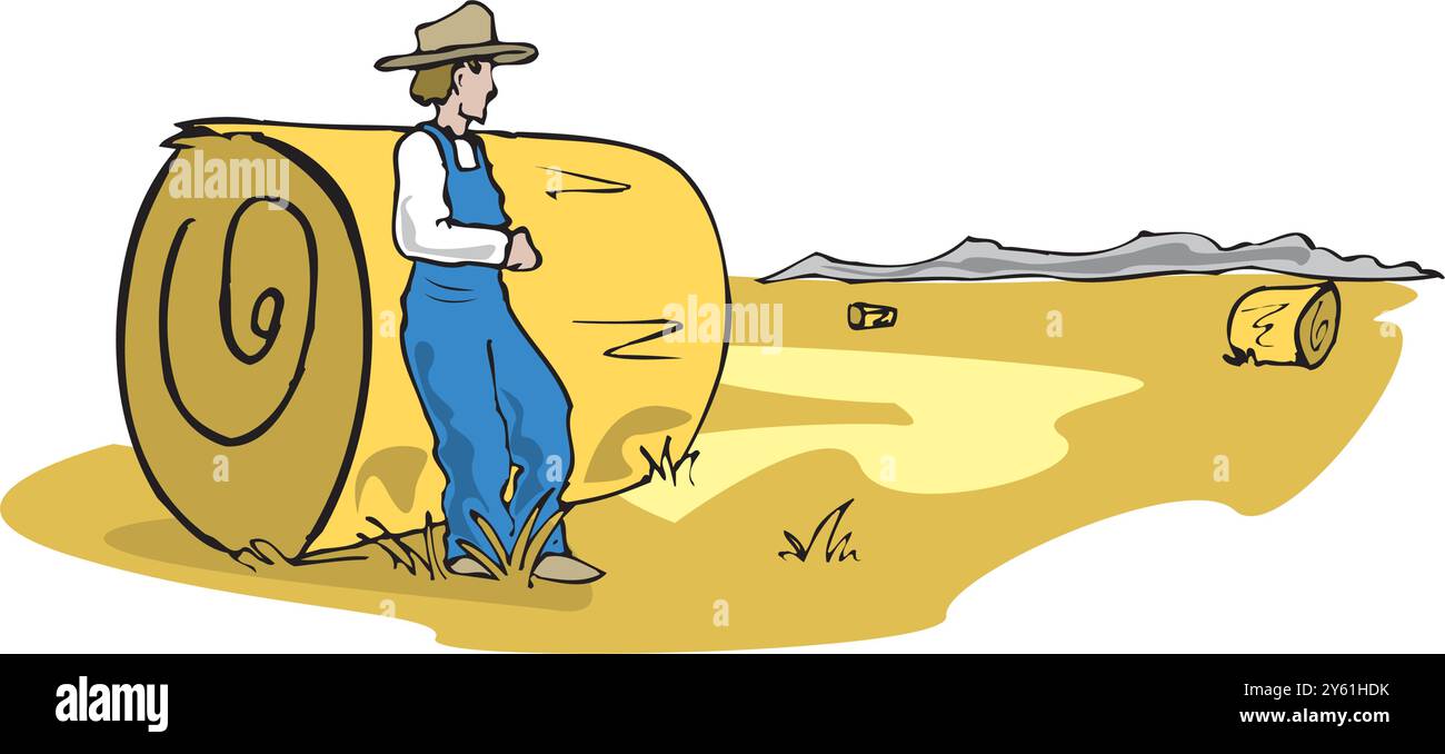 Travail des agriculteurs avec du foin. Ouvrier agricole avec fourche de foin, illustration vectorielle plate de récolte rurale Illustration de Vecteur