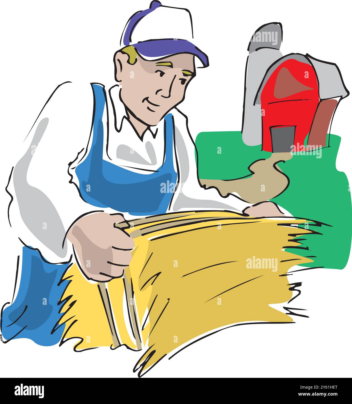 Travail des agriculteurs avec du foin. Ouvrier agricole avec fourche de foin, illustration vectorielle plate de récolte rurale Illustration de Vecteur