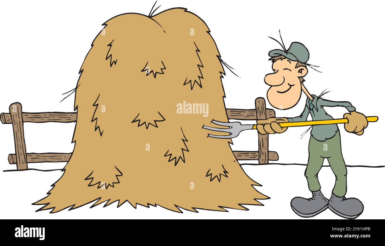 Travail des agriculteurs avec du foin. Ouvrier agricole avec fourche de foin, illustration vectorielle plate de récolte rurale Illustration de Vecteur