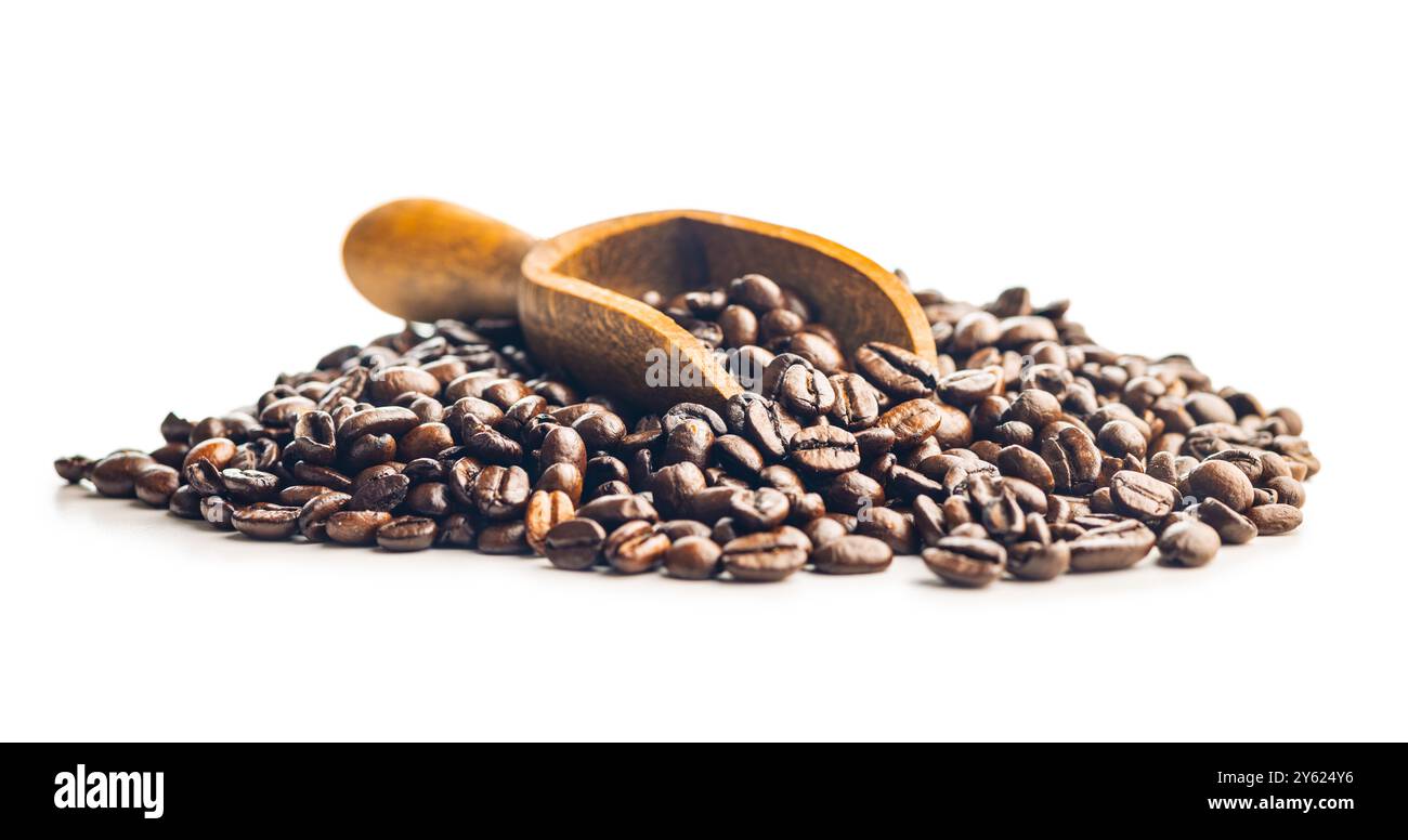 Grains de café torréfiés dans une pelle en bois isolée sur un fond blanc. Banque D'Images