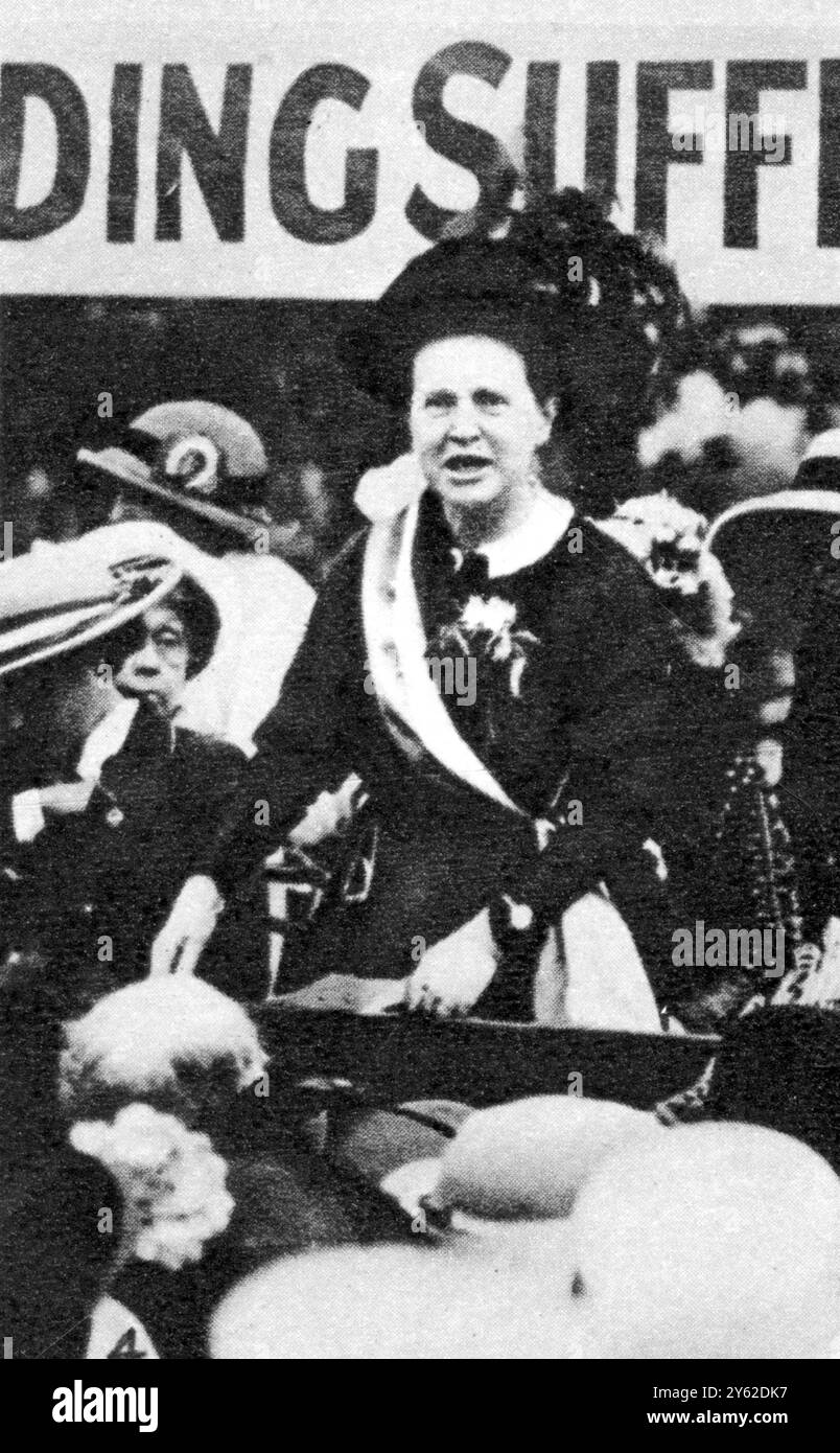 "Mieux vaut la sagesse que les armes de guerre" : suffragistes non militants à Hyde Park. Présidente de l'Union nationale des sociétés de suffrage des femmes : Mme Henry Fawcett s'adresse à la grande réunion. 2 avril 1913 Banque D'Images