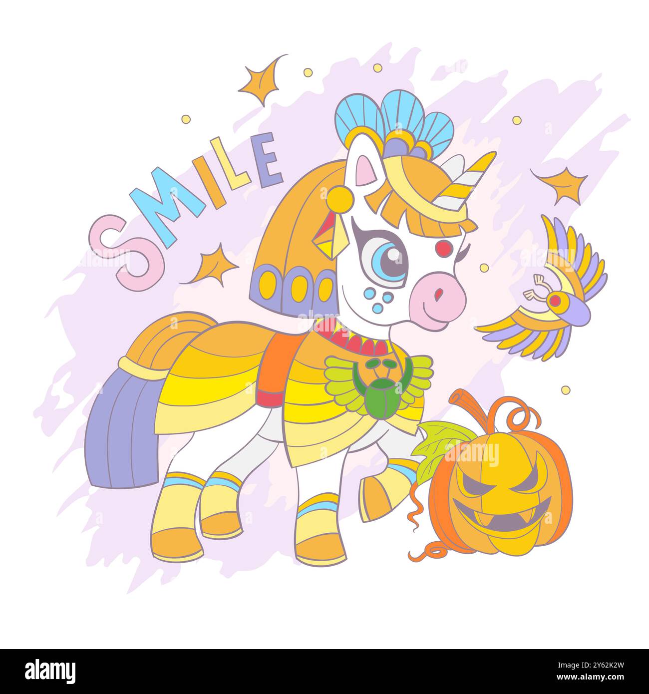 Carte d'Halloween avec mignonne licorne portant un costume égyptien et citrouille. Sourire de lettrage. Illustration vectorielle dans des couleurs douces à la mode. Pour imprimer, carte, po Illustration de Vecteur