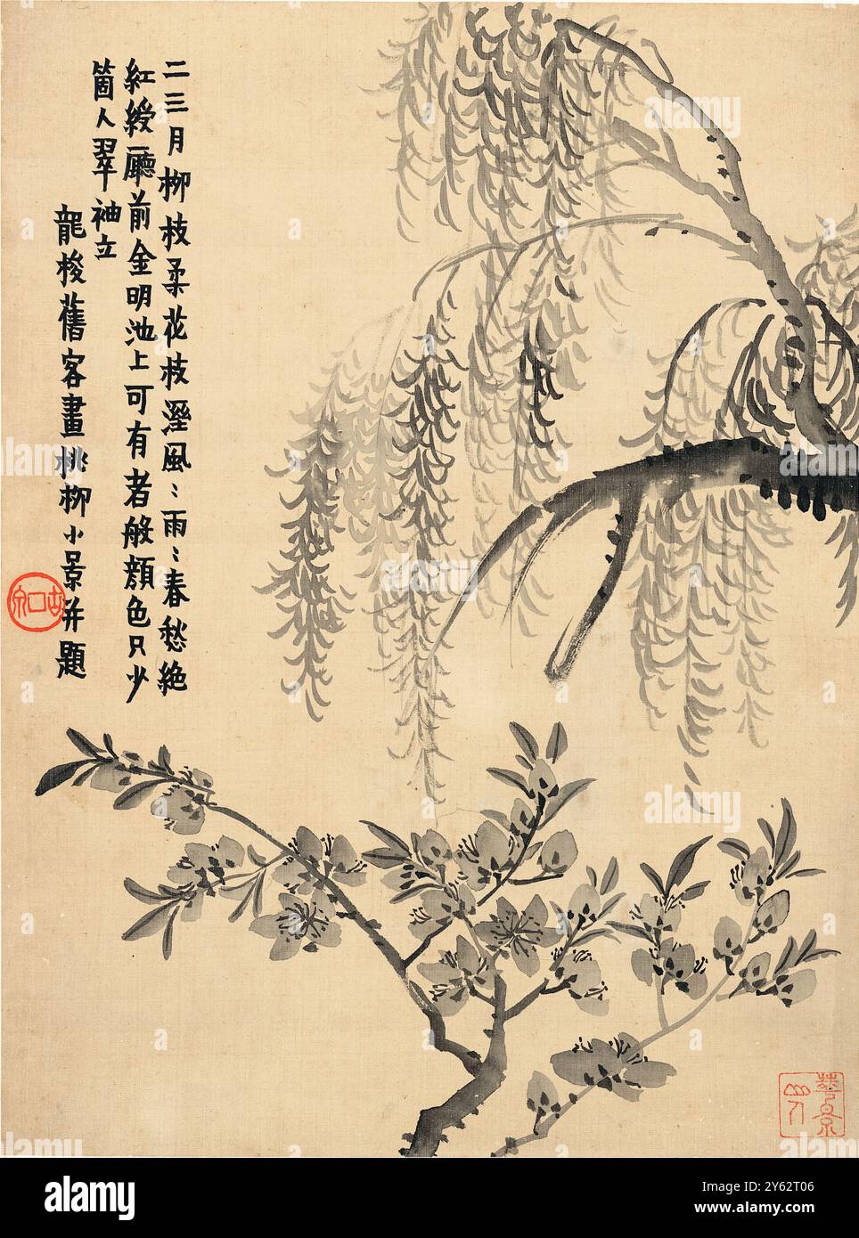Fleurs de saule et de pêches du peintre et calligraphe chinois Jin Nong (金农) (1687-1763). Cette œuvre d'encre sur papier fait partie d'une collection de 8 études mêlant poésie, peinture et calligraphie. Banque D'Images Fleurs de saule et de pêches du peintre et calligraphe chinois Jin Nong (金农) (1687-1763). Cette œuvre d'encre sur papier fait partie d'une collection de 8 études mêlant poésie, peinture et calligraphie. Banque D'Images