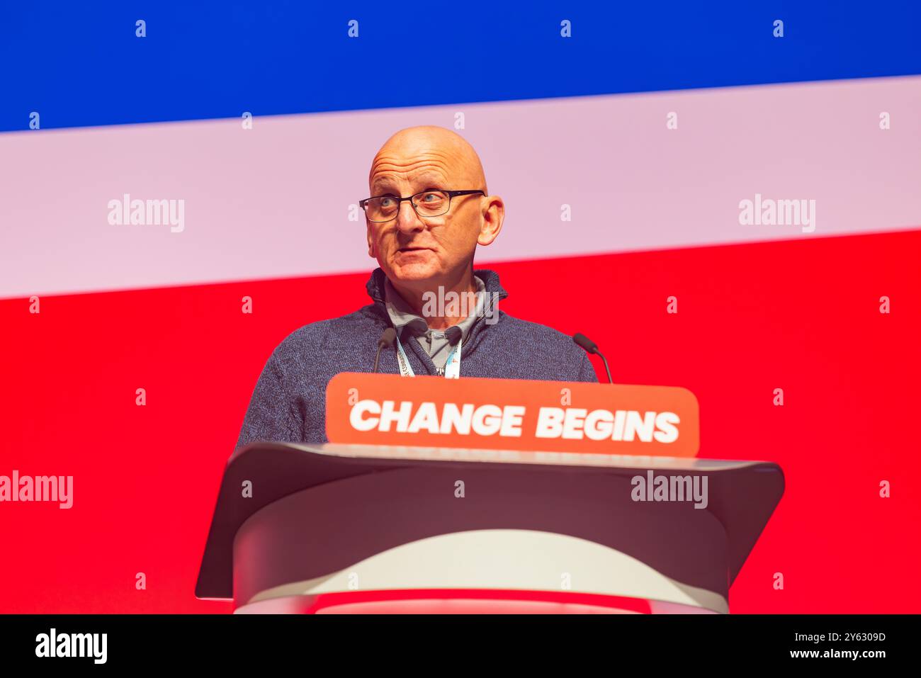 Liverpool, Royaume-Uni. 23 SEP, 2024. Andy Green de Unite prend la parole à la conférence du Parti travailliste. Crédit Milo Chandler/Alamy Live News Banque D'Images