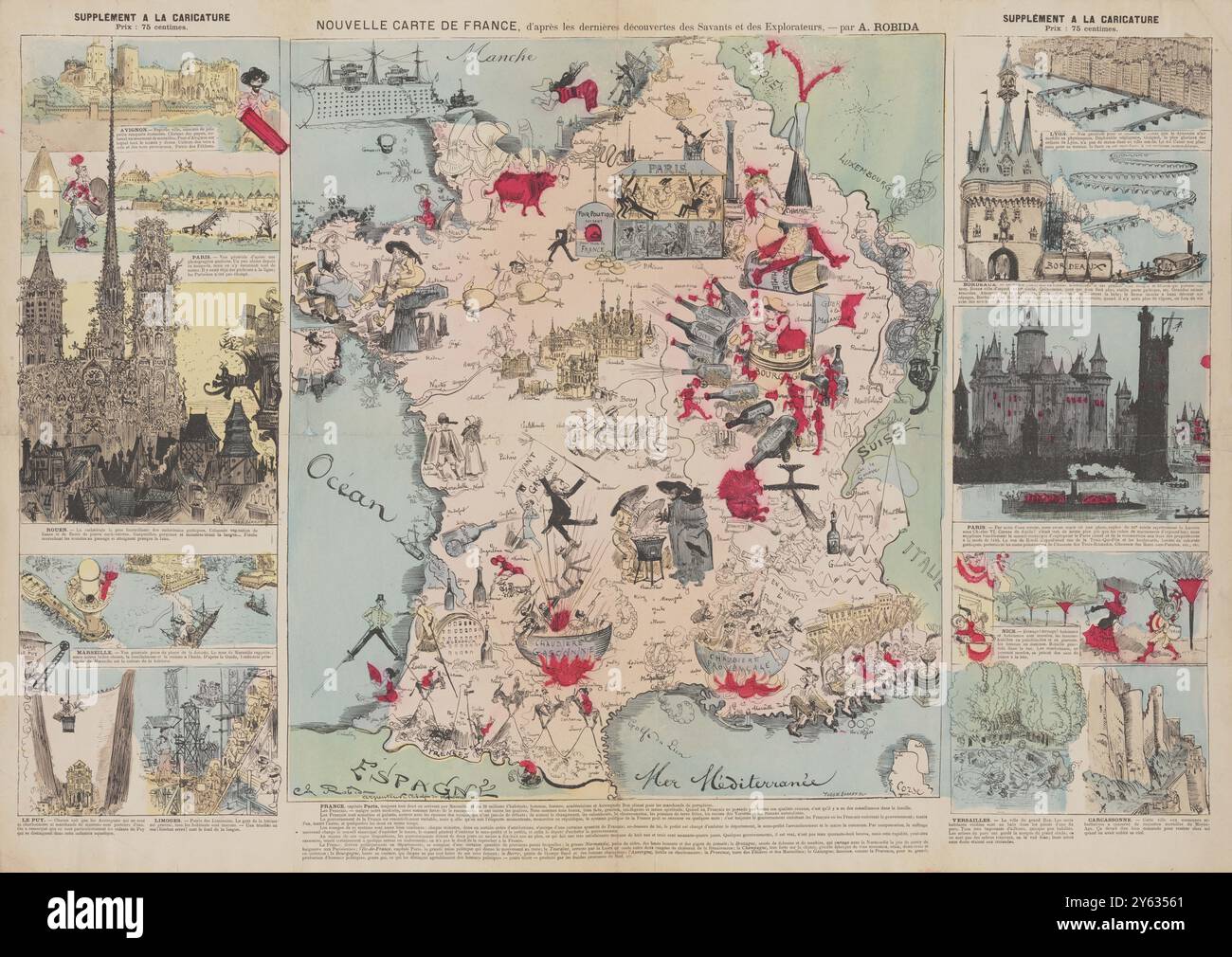 Nouvelle carte de France, après les dernières découvertes des scientifiques et explorateurs. Musée : COLLECTION PRIVÉE. Auteur : ALBERT ROBIDA. Banque D'Images