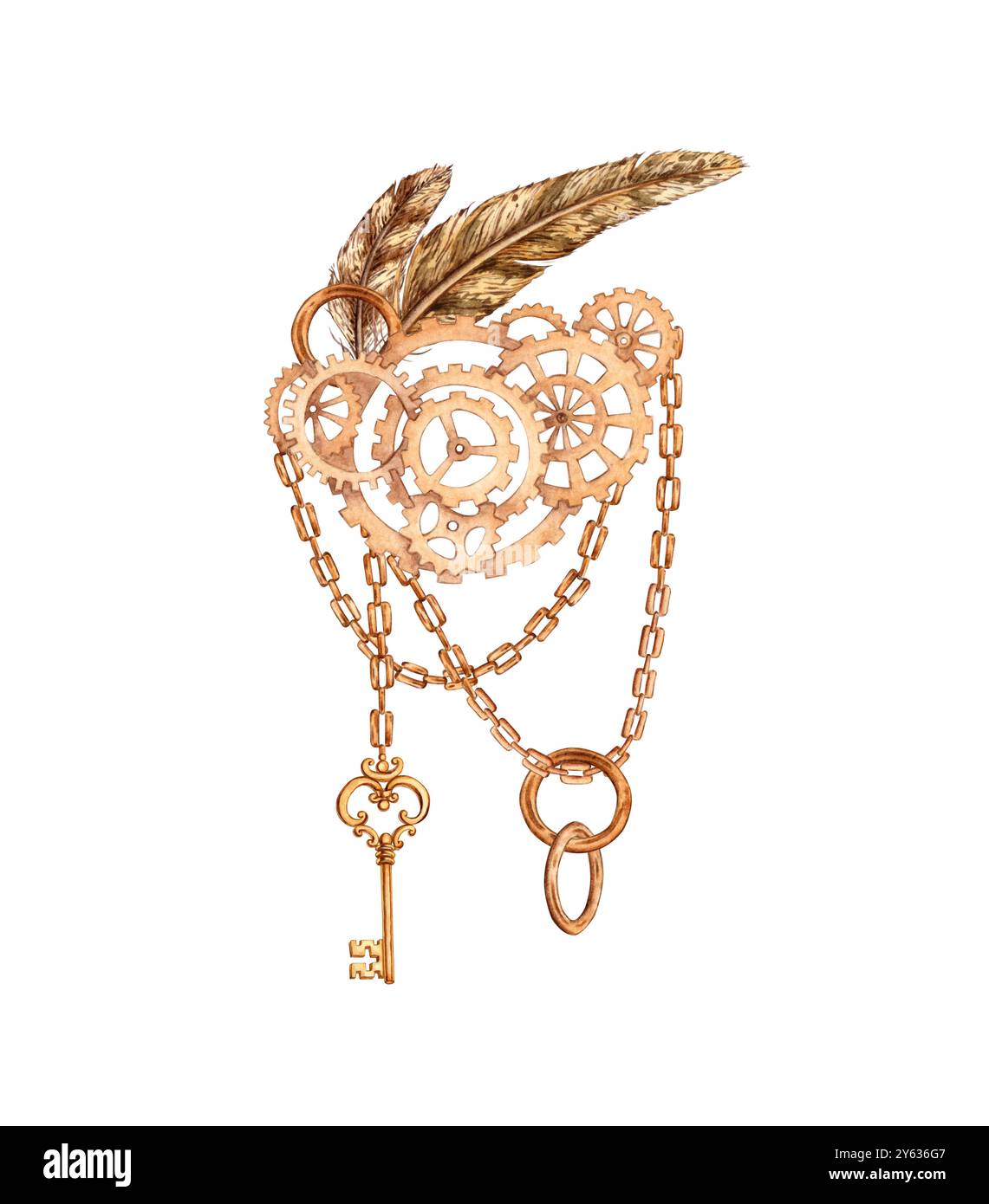 Engrenages de chaîne, clé, plumes composition mécanique dans le style steampunk, noix, illustration aquarelle. Souvenir métal dans le style techno. Idéal pour les cartes, Banque D'Images