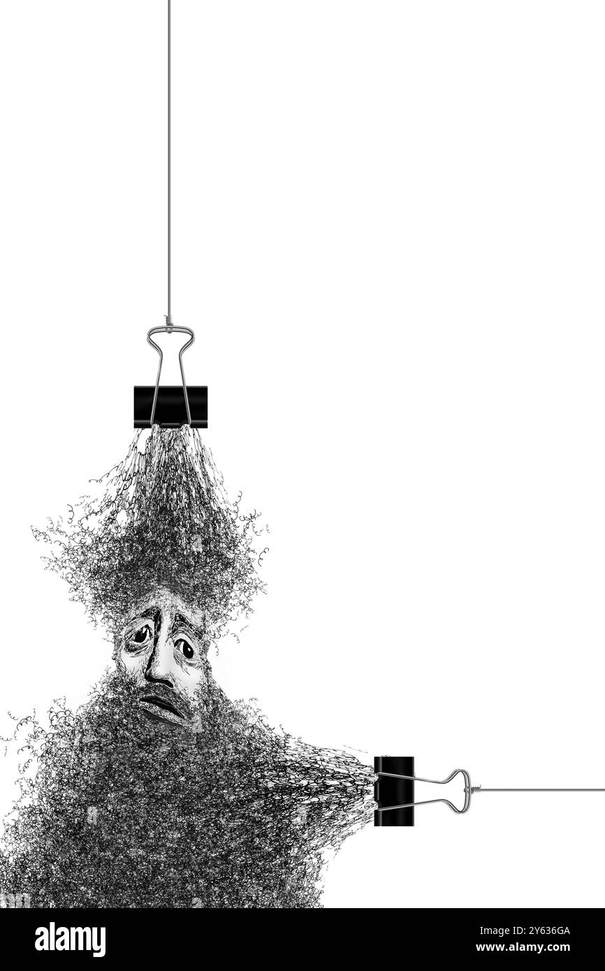 L'idiome sur le fait d'être tiré dans de nombreuses directions est illustré ici avec un gars barbu aux cheveux longs se tirant et étiré dans deux directions à onc Banque D'Images