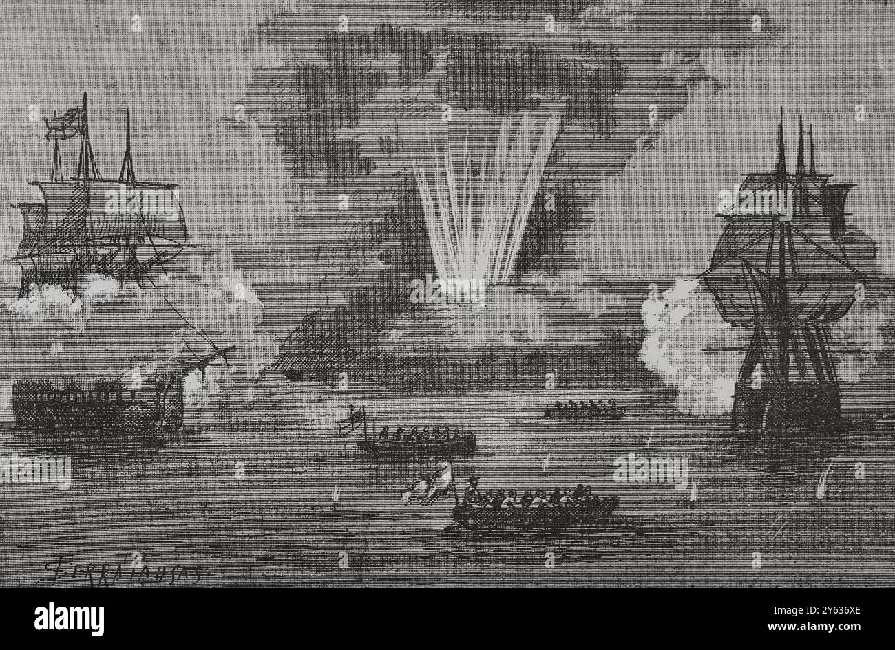 Guerre péninsulaire (1808-1814). Catalogne. Îles Medes. La petite garnison britannique fait exploser le fort que les Français avaient construit sur Meda Gran et quitte les îles dans la nuit du 2 au 3 septembre 1811. Faire sauter les fortifications des îles Medes. Illustration par Serra Pausas. 'Glorias Españolas' (Glories d'Espagne). Volume IV. publié à Barcelone, 1890. Auteur : Joan Serra Pausas (actif 1861-1902). Artiste espagnol. Banque D'Images