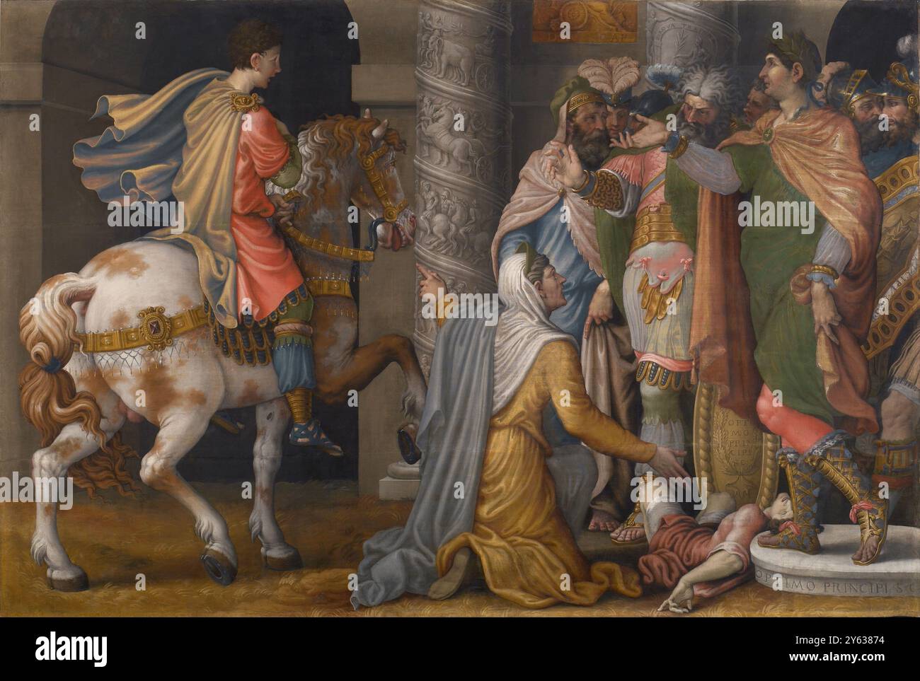 Juge de Trajan. (Giudizio di Traiano). Musée : Pinacothèque Tosio Martinengo, Brescia. Auteur : GIULIO CAMPI. Banque D'Images