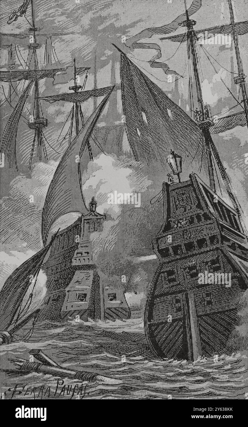 Bataille du cap Corvo (août 1613). Engagement naval des guerres ottoman-Habsbourg pour le contrôle de la Méditerranée. L'escadron espagnol arrivé de Sicile, sous le commandement de l'amiral Ottavio d'Aragona (1565-1623), a vaincu la flotte ottomane commandée par Sinari Pacha. Le bey d'Alexandrie était l'un des centaines de prisonniers faits par les Espagnols. L'escadron d'Ottavio d'Aragona capturant l'escadron d'Alexandrie. Illustration par Serra Pausas. 'Glorias Españolas' (Glories d'Espagne). Volume IV. publié à Barcelone, 1890. Auteur : Joan Serra Pausas (actif 1861-1902). Artiste espagnol. Banque D'Images