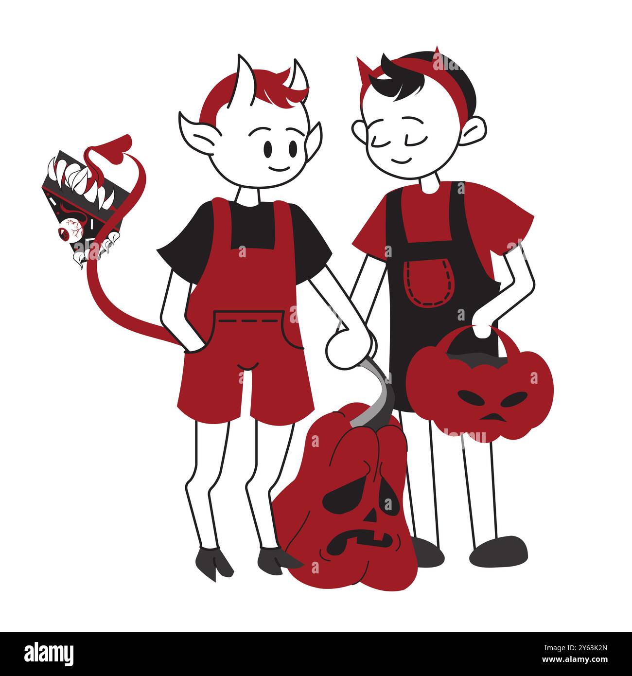 Enfants en costumes de diable avec citrouilles et gâteau dentaire. Concept de célébration traditionnelle d'Halloween. Illustration vectorielle isolée sur backgrou blanc Illustration de Vecteur Enfants en costumes de diable avec citrouilles et gâteau dentaire. Concept de célébration traditionnelle d'Halloween. Illustration vectorielle isolée sur backgrou blanc Illustration de Vecteur