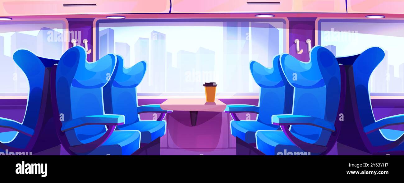 Entraînez-vous à l'intérieur avec des sièges près de la fenêtre. Illustration vectorielle de dessin animé de voiture de tourisme ou de compartiment de métro avec des chaises confortables, tasse à café sur la table, vue de paysage urbain moderne, service de transport urbain Illustration de Vecteur