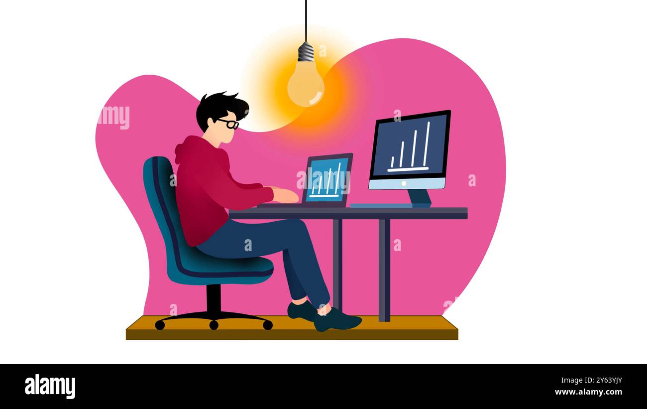 Travaillant à la maison personne freelance assise sur le bureau de la table, Bureau à domicile avec employé travaillant sur l'ordinateur de bureau assis sur la chaise, Un travail de programmeur Banque D'Images