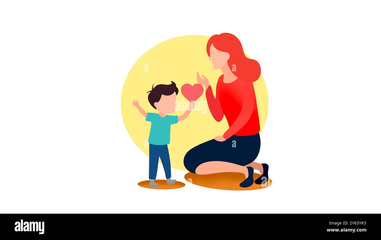 Maman avec animation de personnages de fils, jeune fils en forme de coeur et mère Hug ligne animation de personnages 2D, relations aimées bande dessinée de couleur plate, amour de la famille Banque D'Images