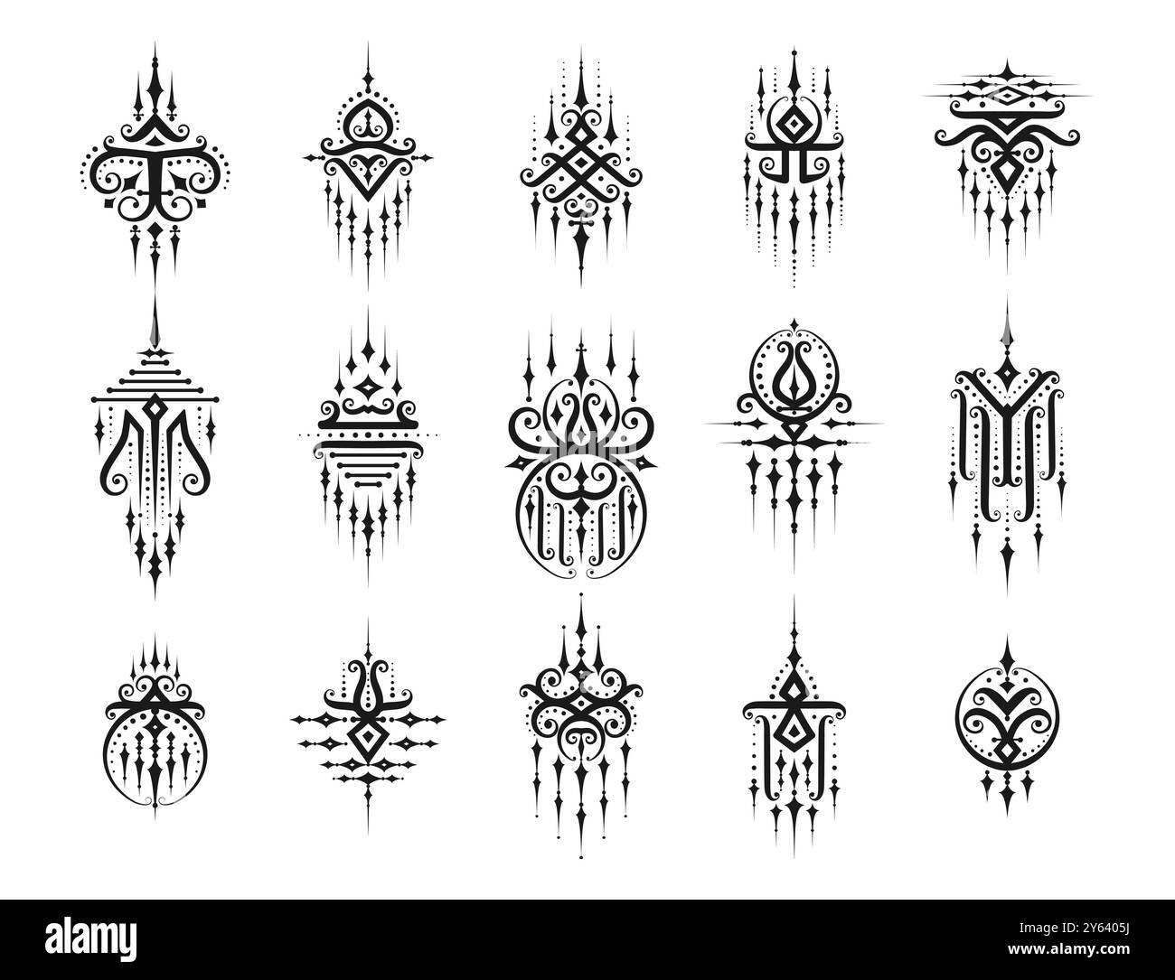 Symboles thaïlandais orientaux sacrés pour le tatouage ou Yantra Sak Yant et les signes religieux du bouddhisme, icônes vectorielles. Thaïlande ornements sacrés ethniques de Yantra ou Sak Yant tatouage art et symboles de la culture thaïlandaise Illustration de Vecteur
