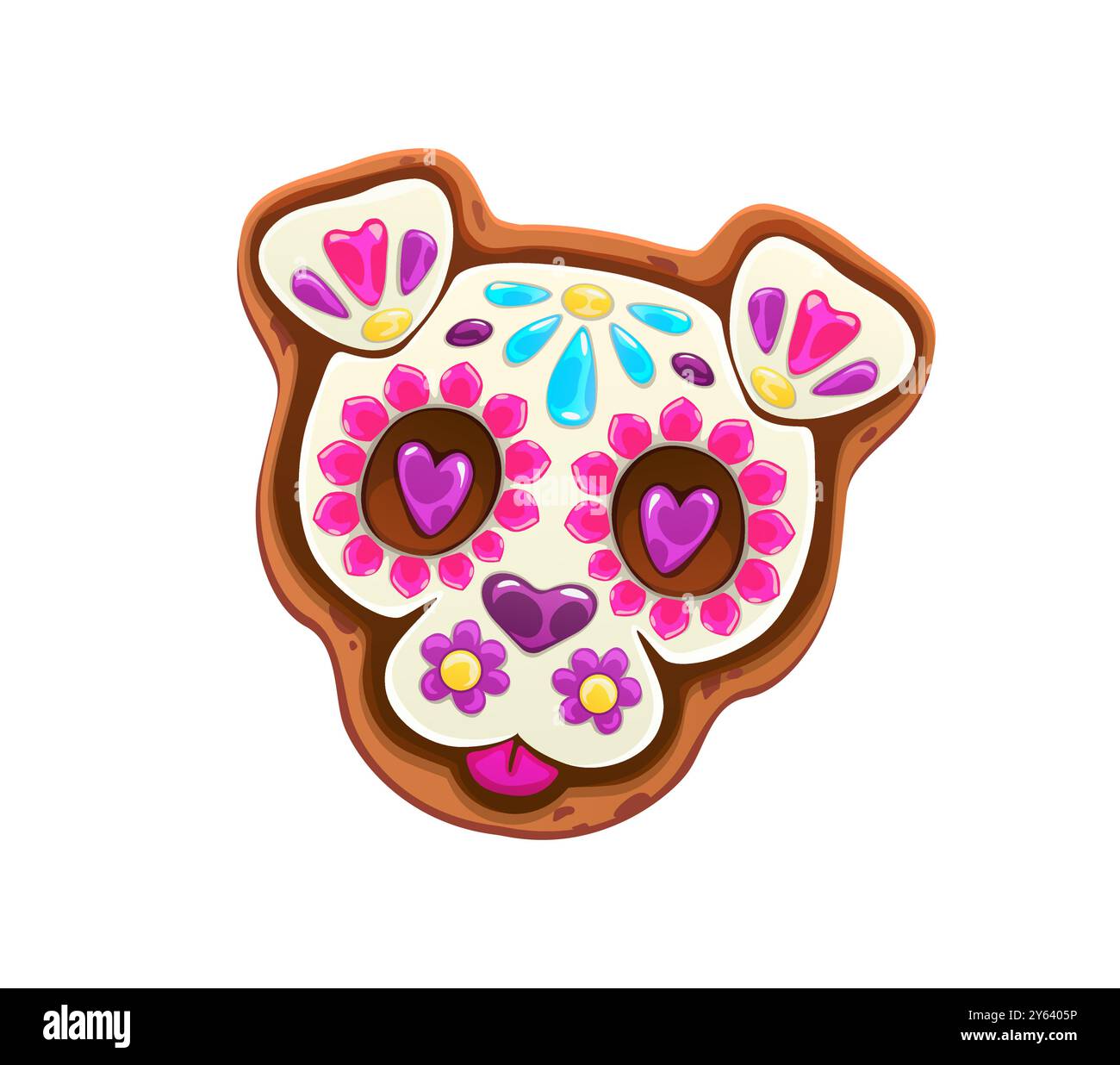 Biscuit de crâne de chien Calavera pour les vacances mexicaines de Dead Day et Dia de Los Muertos, gâteau de biscuit vecteur. Crâne drôle mexicain d'animal de chien avec des fleurs de bonbons et des coeurs de caramel pour Dia de Los Muertos Illustration de Vecteur
