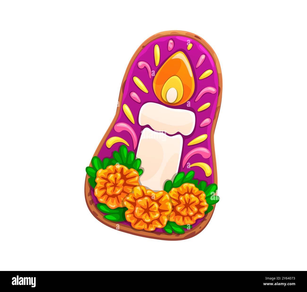 Cookie de bougie de vacances mexicain Dead Day ou gâteau de biscuit pour Dia de Los Muertos, vecteur de bande dessinée. Pâtisserie mexicaine de vacances ou dessert sucré de bougie avec des fleurs de souci d'autel pour Dia de Los Muertos Illustration de Vecteur