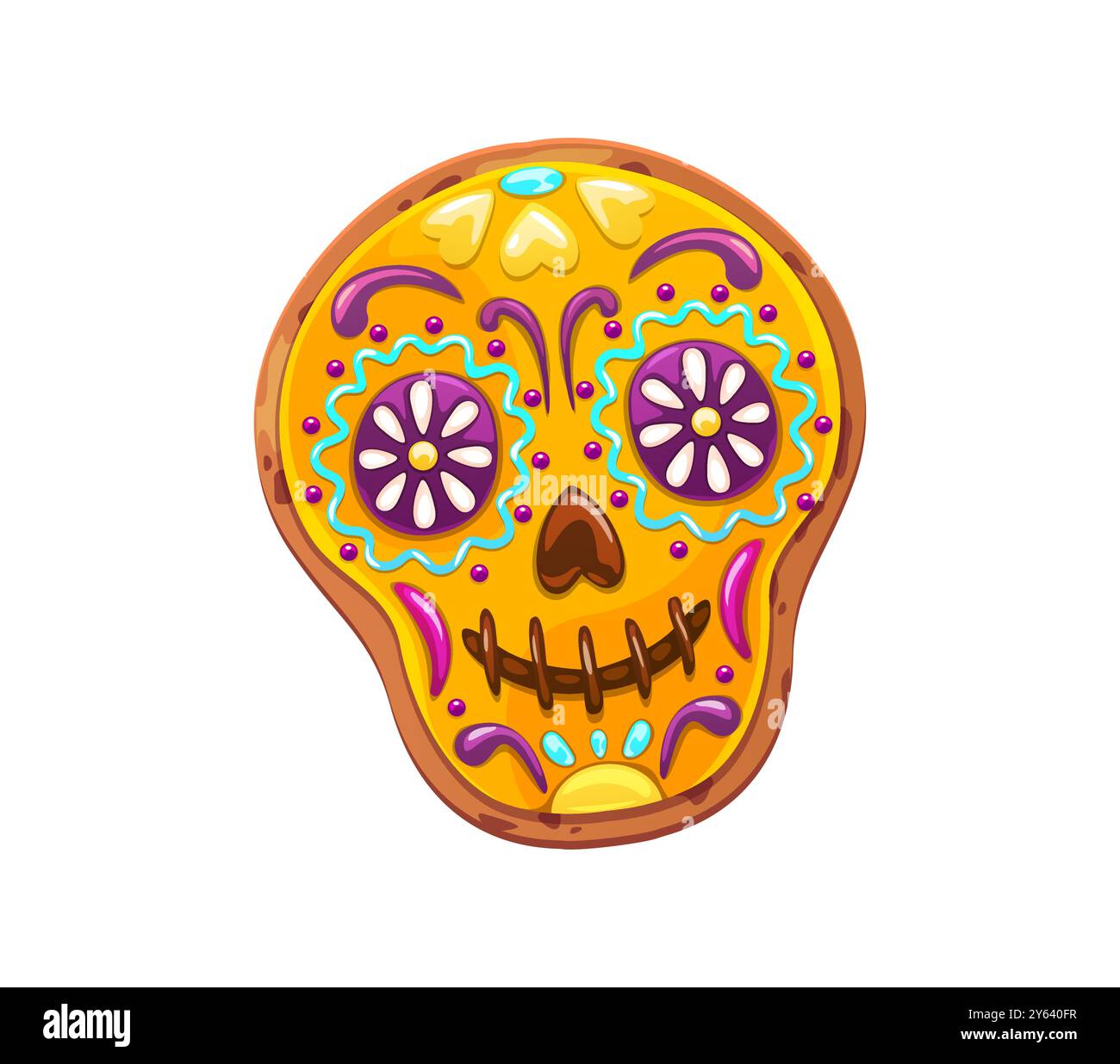 Dessin animé calavera crâne cookie pour les vacances mexicaines de Dead Day et Dia de Los Muertos, gâteau de biscuit vecteur. Biscuit crâne de calavera mexicain avec des fleurs de caramel et de chocolat pour la pâtisserie sucrée le jour mort Illustration de Vecteur