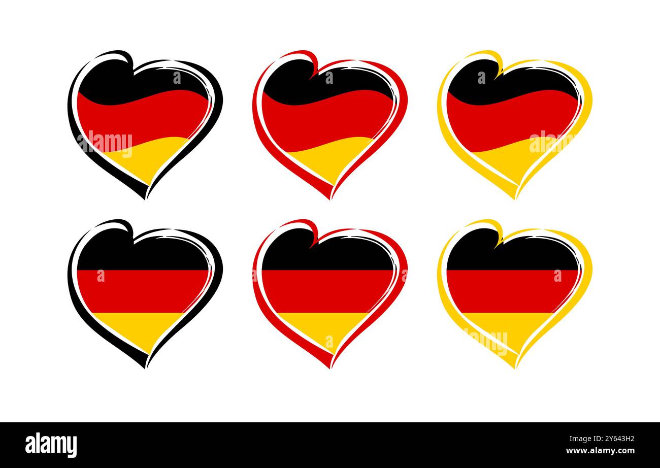 Ensemble de coeurs créatifs avec des traits de style dessinés à la main noir, rouge et jaune et le drapeau de l'Allemagne. Collection clip art. Drapeau allemand classique et agitant Illustration de Vecteur