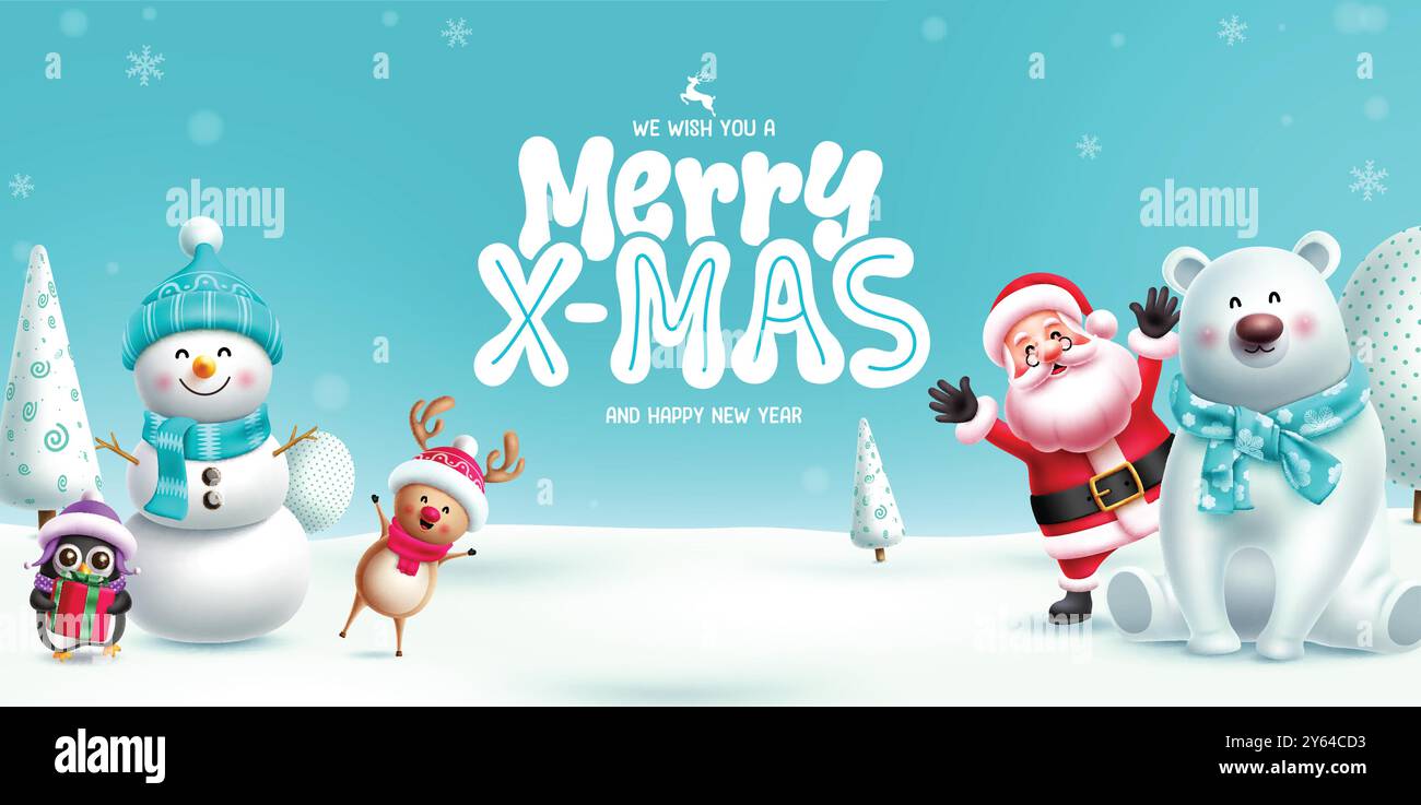 Conception de bannière vectorielle de carte de voeux joyeux Noël. Personnages de Noël comme le père noël, le renne, le bonhomme de neige, l'ours polaire et le pingouin en hiver neigeux Illustration de Vecteur