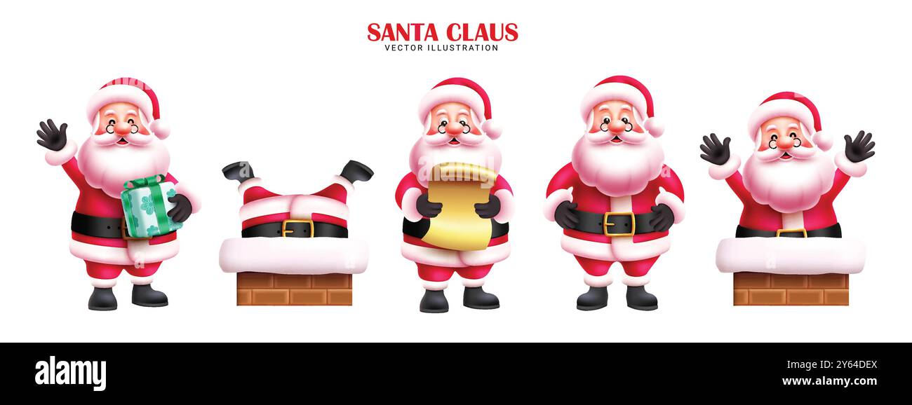 Conception vectorielle de jeu de personnages de Noël santa claus. Santa claus pose drôle dans la cheminée, ondulation amicale, debout, la lecture de la lettre et la tenue de la boîte-cadeau Illustration de Vecteur