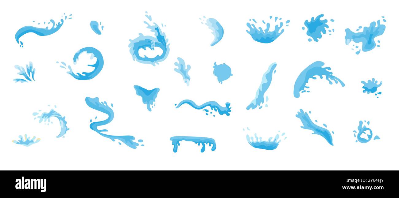 Jeu d'éclaboussures d'eau et d'éclaboussures. Eléments liquides pour boisson. Différentes formes bleues. Illustration de Vecteur