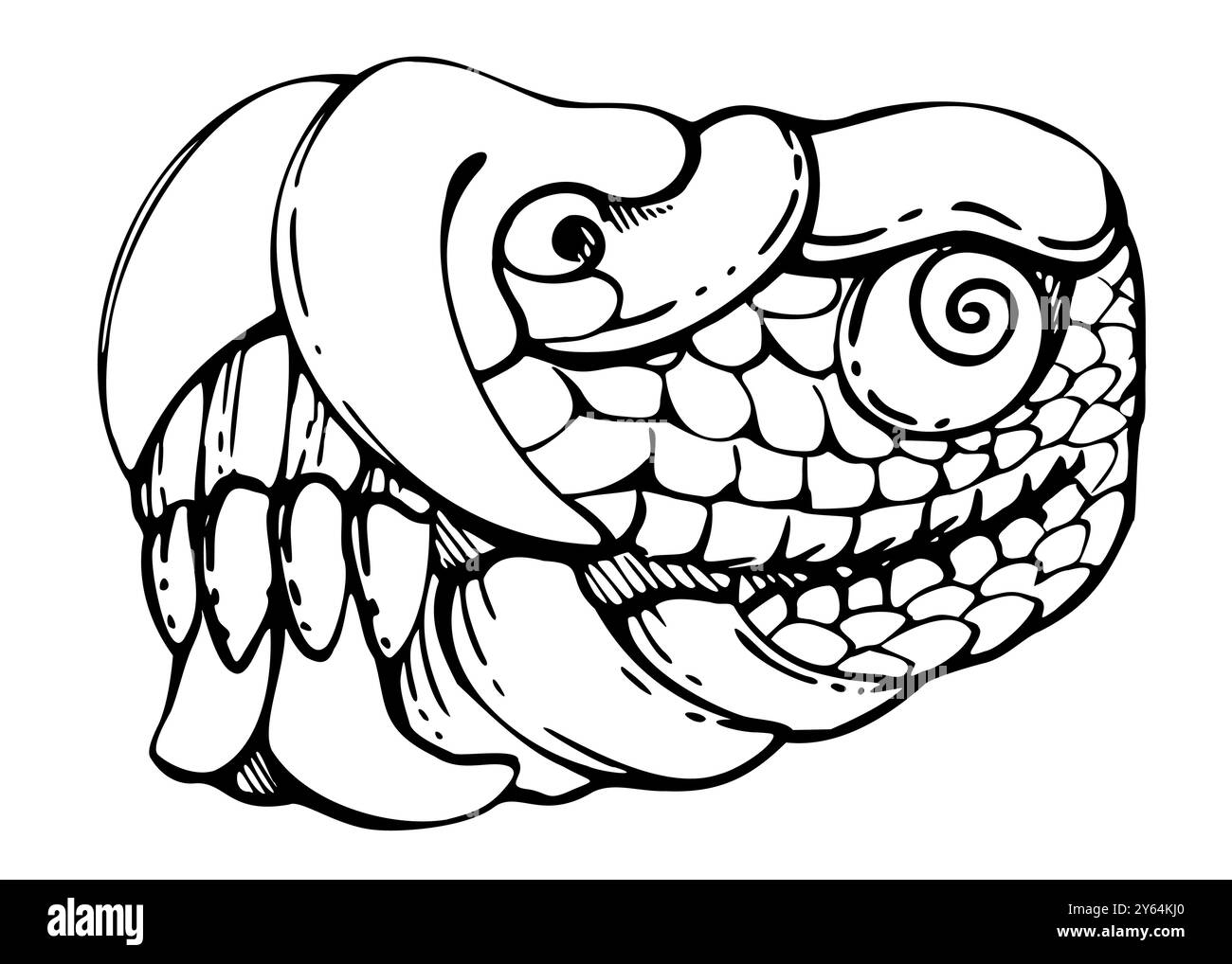 Symbole de la Mésoamérique, tête de lézard de dragon, sculpture sculptée aztèque, ancienne statue de Dieu religieux. Illustration vectorielle d'encre dessinée à la main. Élément unique Illustration de Vecteur