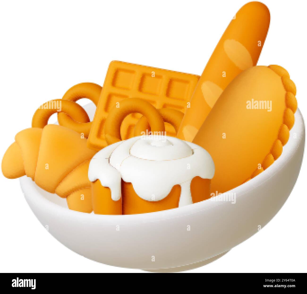 Bol blanc réaliste avec du pain frais. Produits de boulangerie, viennoiseries et baguette. Petit pain doux et savoureux avec crémeux, croissant, bretzel, vecteur de nourriture 3D. Illustration de Vecteur