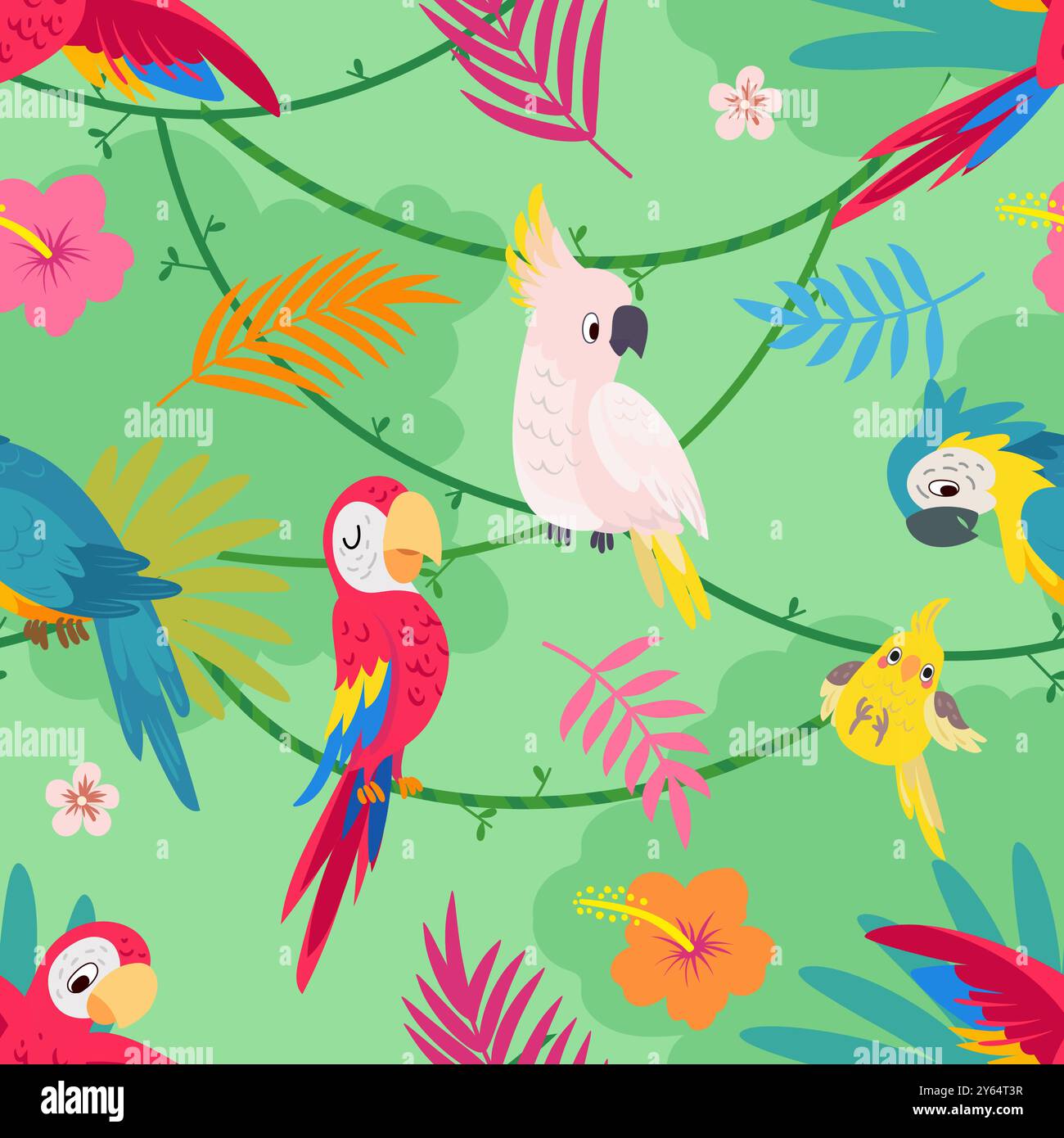 Motif sans couture de perroquet de dessin animé. Oiseaux du Brésil, perroquets exotiques personnages et plantes. Conception d'impression de tissu décoratif vibrant mignon, vecteur de nos jours Illustration de Vecteur