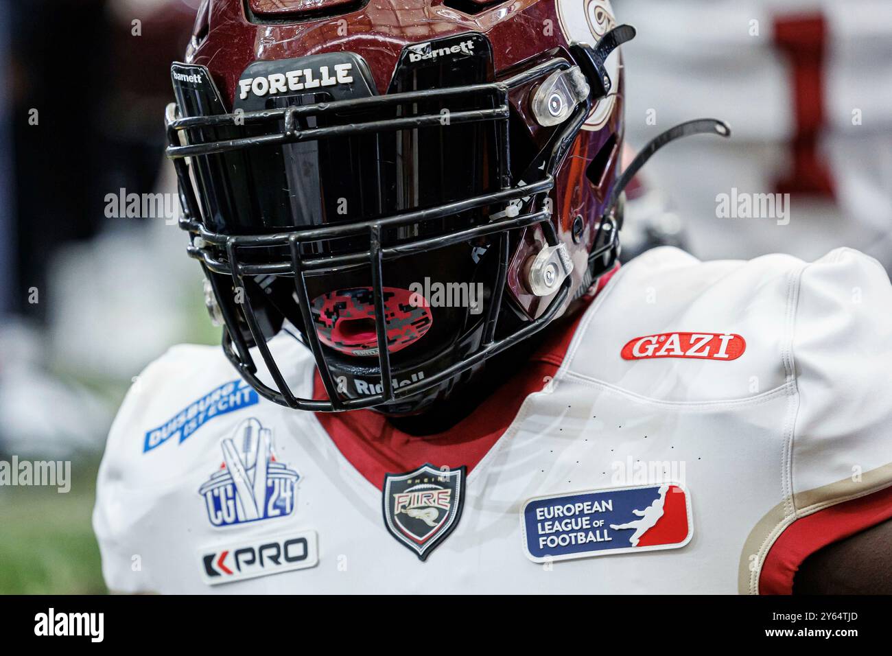 Gelsenkirchen, Deutschland. 22 septembre 2024. firo : 22.09.2024, Football américain, ELF, Ligue européenne de football, Championnat 2024, Rhein Fire vs Vienna Vikings joueur complètement masqué, Portrait, crédit : dpa/Alamy Live News Banque D'Images
