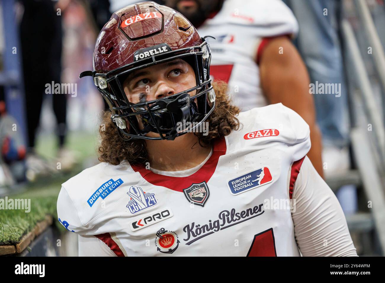 Gelsenkirchen, Deutschland. 22 septembre 2024. firo : 22/09/2024, Football américain, ELF, Ligue européenne de football, Championnat 2024, Rhein Fire vs Vienna Vikings Defensive Lineman Justus Sleiman (Rhin Fire) Portrait, Credit : dpa/Alamy Live News Banque D'Images