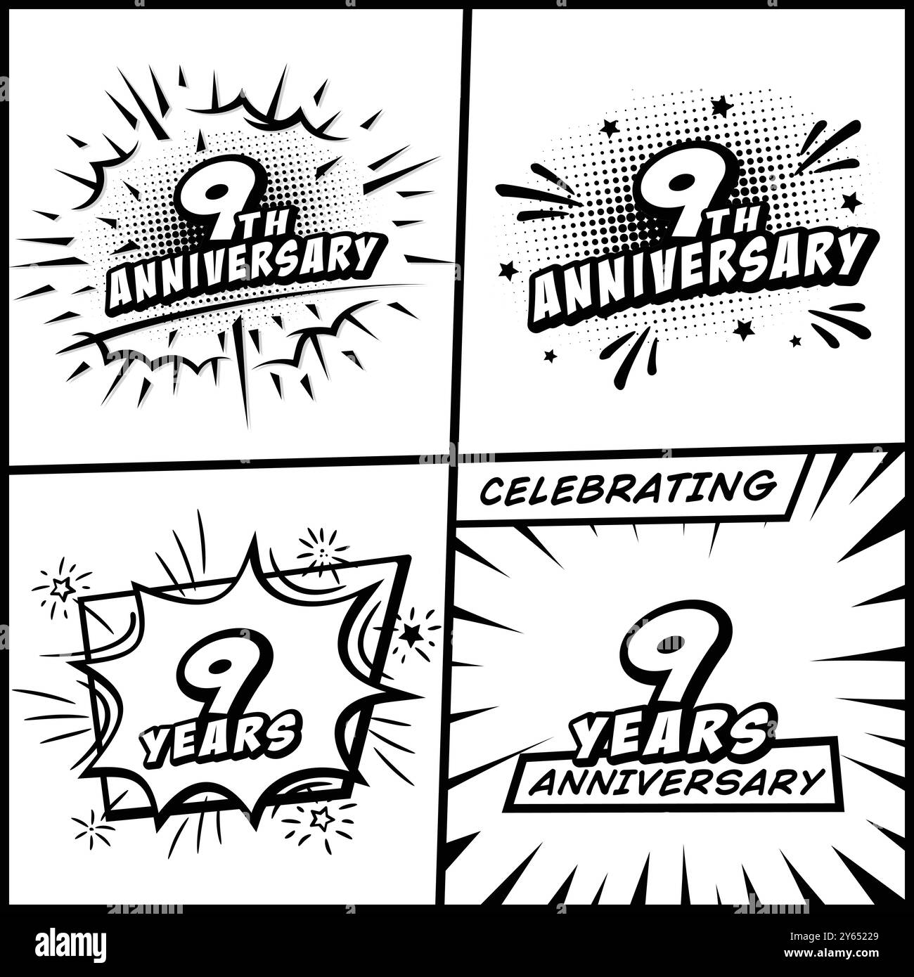 collection de logo anniversaire de 9 ans. logotype comique de célébration du 9e anniversaire. Vecteur et illustration de style pop art. Illustration de Vecteur