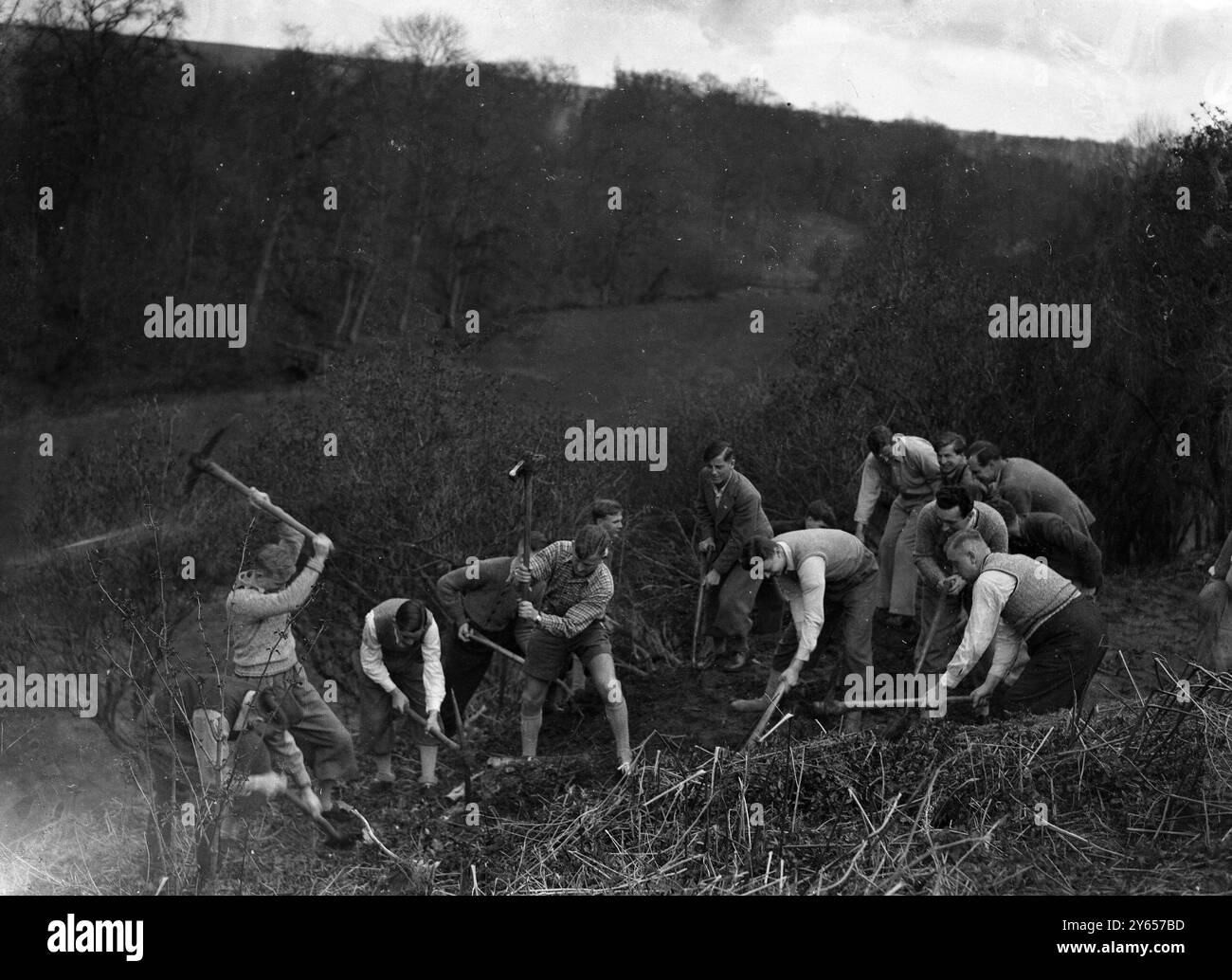 Quarante personnes - vingt anglaises et vingt allemandes - travaillent ensemble dans un camp de travail anglo-allemand qui se tient à l'école de Dauntsey , West Lavington , Wiltshire , Angleterre . Les membres du camp varient en âge entre 17 et 28 ans et comprennent des ouvriers d'usine et des étudiants universitaires. Le travail consiste à abattre des arbres , à niveler le sol et à faire des routes . Organisé conjointement avec le cercle anglo-allemand , le camp vise à une compréhension plus large entre toutes les sections des Nations anglaise et allemande . Vu ici des membres du camp se mettre en route avec des haches et des pelles pour un travail acharné. 9 Banque D'Images