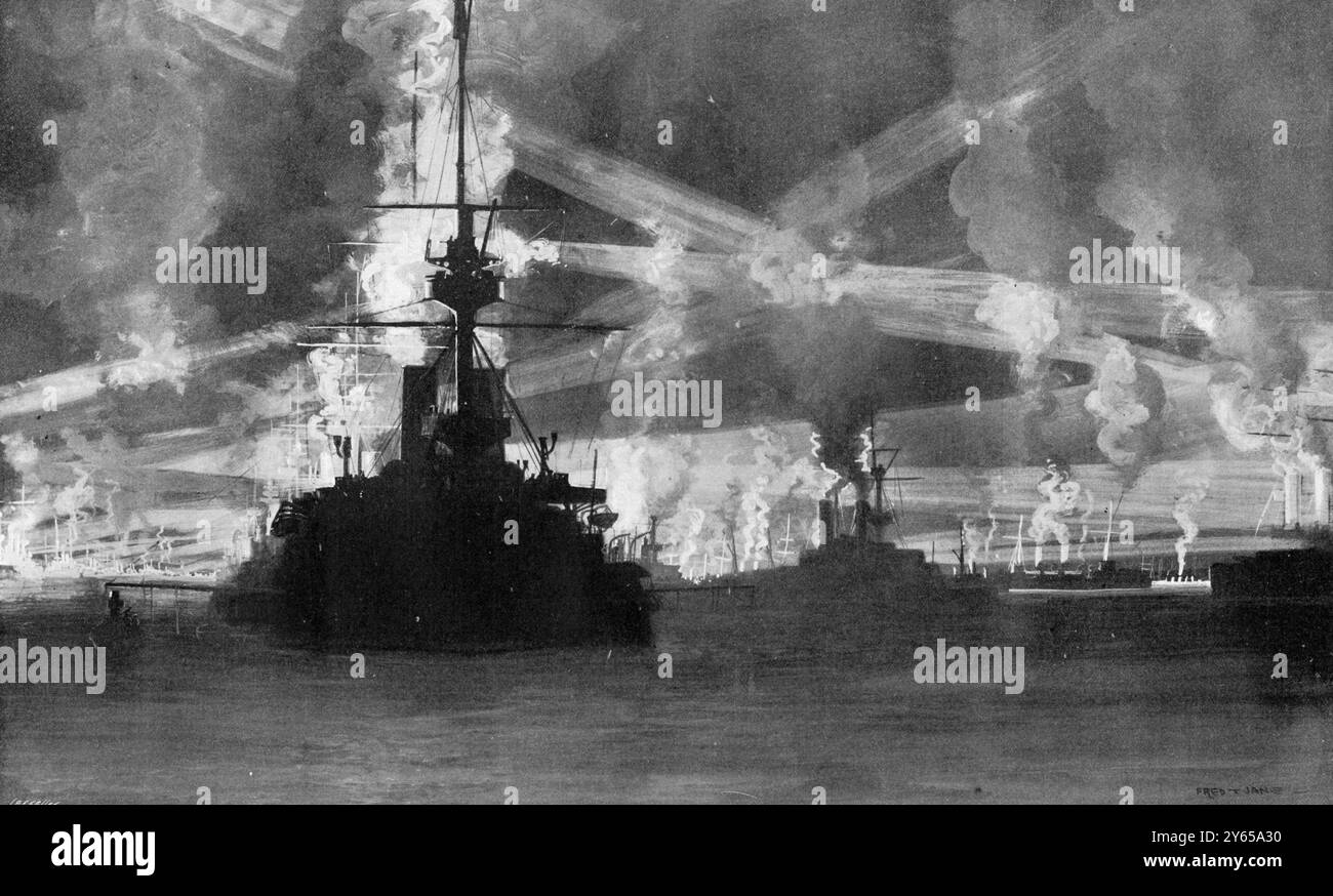 The Great Coronation Review à Spithead Une répétition des illuminations des navires de guerre assemblés à Spithead a montré que la flotte décrite à la lumière sera l'une des caractéristiques les plus frappantes de la revue . Le clignotement de projecteurs de couleur rouge , verte et dorée sur les nuages de vapeur montante s'est avéré particulièrement efficace . Navires de gauche à droite : Asawa , Takasago , Majestic (drapeau) Pricne George , mars , Nil , Trafalgar et Resolution 28 juin 1902 Banque D'Images