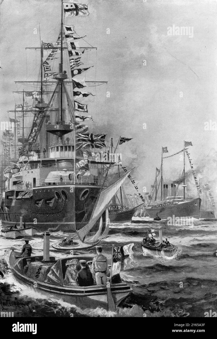 La revue du couronnement à Spithead le ' London ' est un cuirassé à deux vis de première classe , blindé . Son tonnage est de 15 000 et sa puissance indiquée de 15 000. Elle arbore le drapeau de l'amiral avec l'appareil de deux boules rouges et la croix de Saint George. 28 juin 1902 Banque D'Images