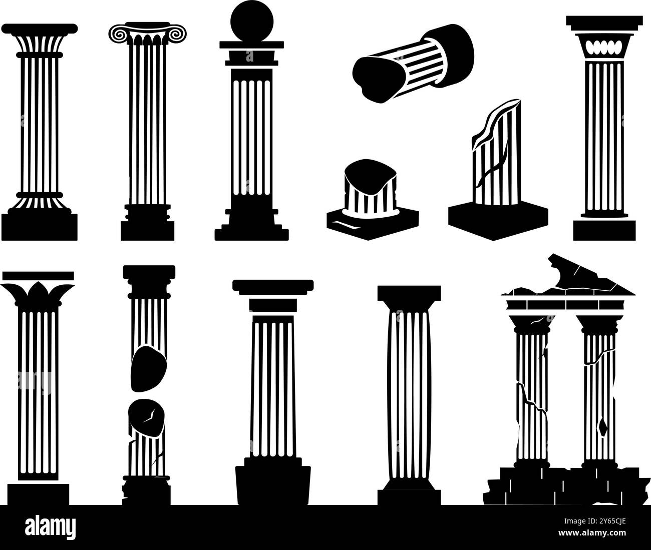 Anciennes silhouettes de colonnes. Colonne grecque romaine noire ensemble. Architecture classique ancienne, piliers antiques. Temple ou bâtiments de nos jours éléments vectoriels Illustration de Vecteur