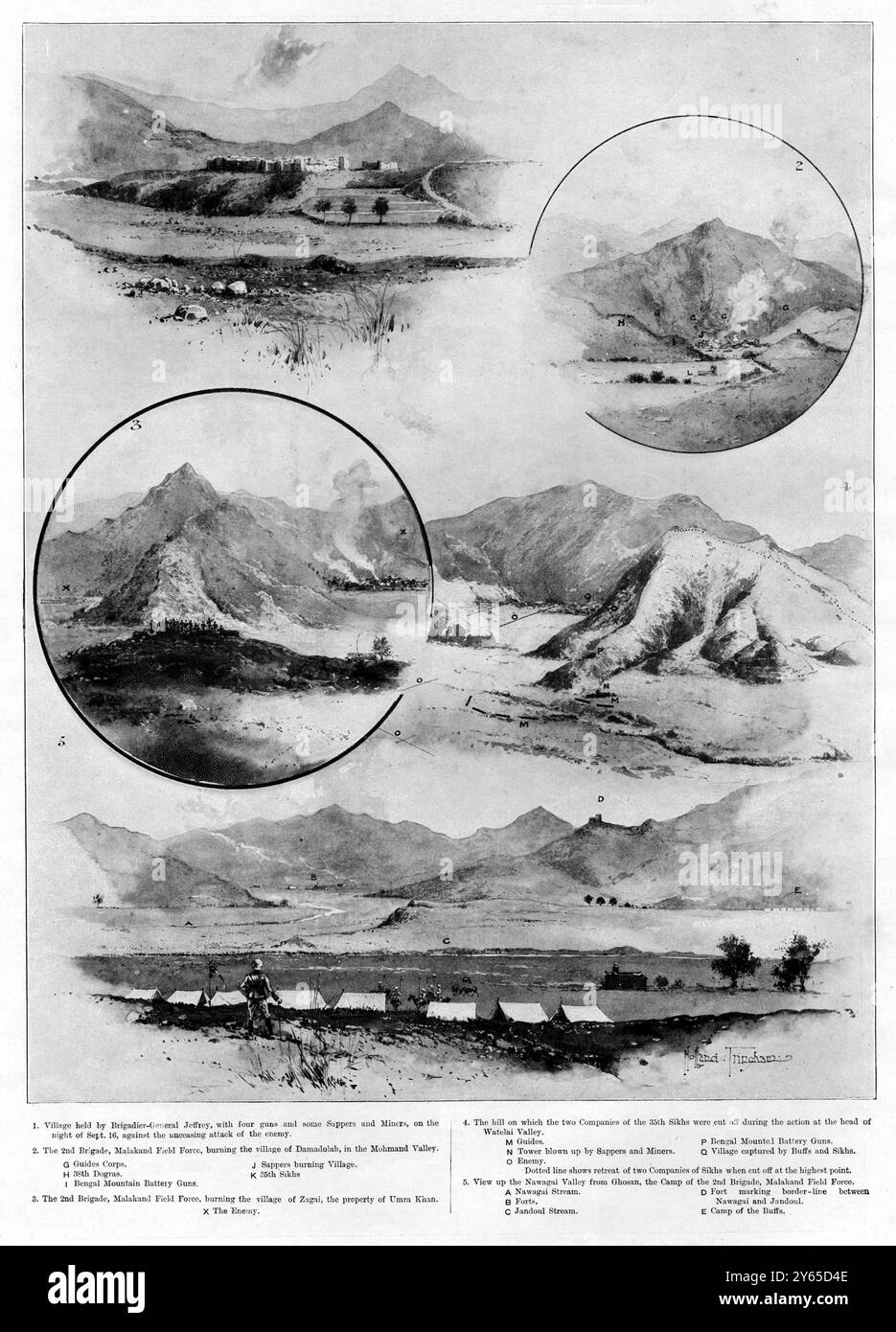 The Indian Frontier Rising - tiré de croquis d'officiers de la force de campagne de Malakand . 1. En haut à gauche ; village tenu par le brigadier général Jeffrey , avec quatre canons et quelques sapeurs et mineurs, dans la nuit du 16 septembre , contre l'attaque ennemie incessante. 2. En haut à droite ; la 2e Brigade , la force de campagne de Malakand , incendiant le village de Damadolah , dans la vallée de Mohmand. 3. Au centre gauche ; la 2e brigade , la force de campagne de Malakand , incendiant le village de Zagai , propriété d'Umra Khan. 4. Au milieu à droite ; la colline sur laquelle les deux compagnies du 35e Sikhs ont été coupées lors de l'action à la tête Banque D'Images