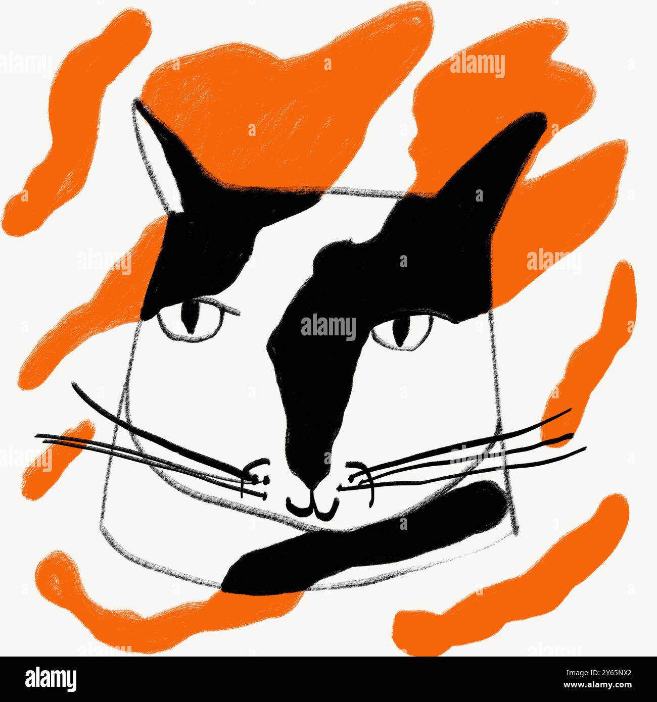Une illustration artistique et abstraite d'un chat avec des éléments noirs et blancs audacieux, soulignés par des touches orange vives, idéal pour un décor contemporain. Banque D'Images