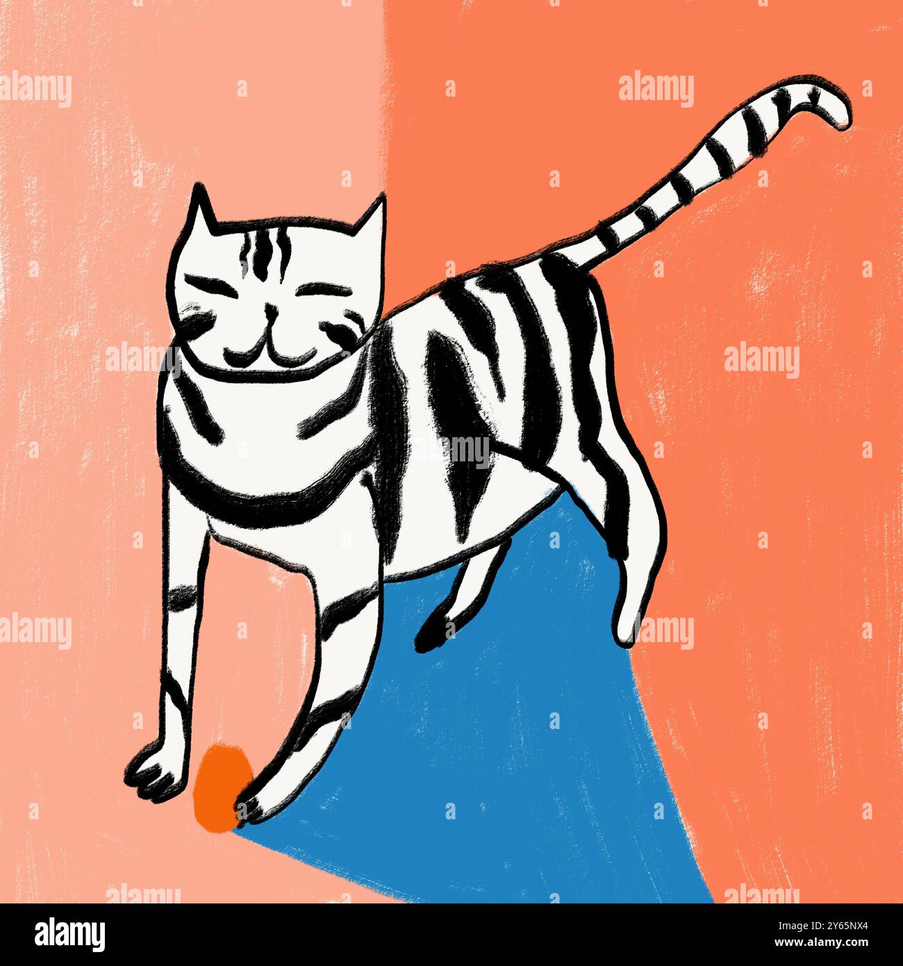Une illustration représentant un chat fantaisiste et esquissé avec des accents colorés sur un fond bicolore. Banque D'Images