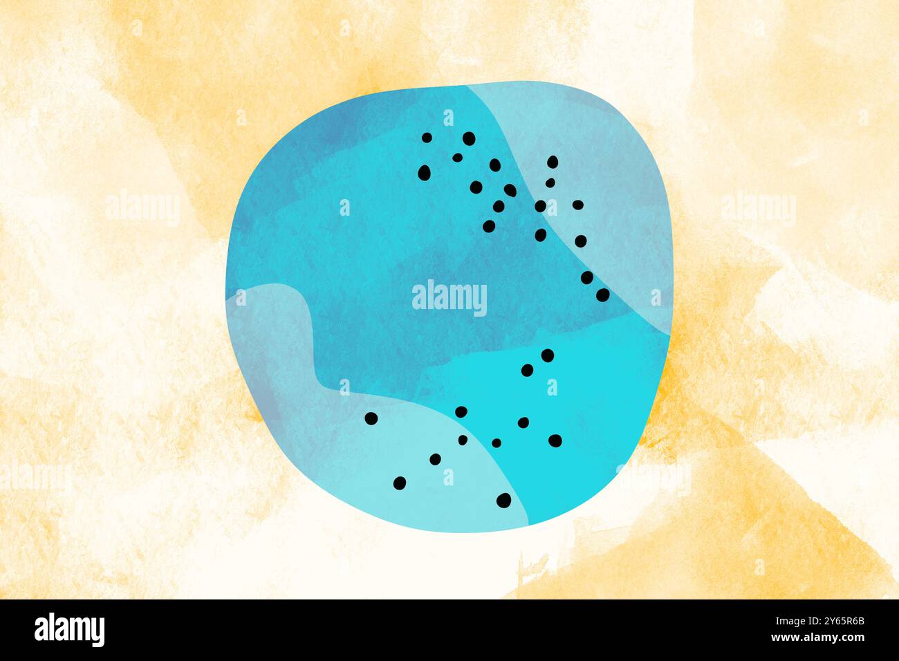 Une illustration minimaliste abstraite avec une forme circulaire bleue ornée de points noirs, sur fond jaune texturé. Banque D'Images