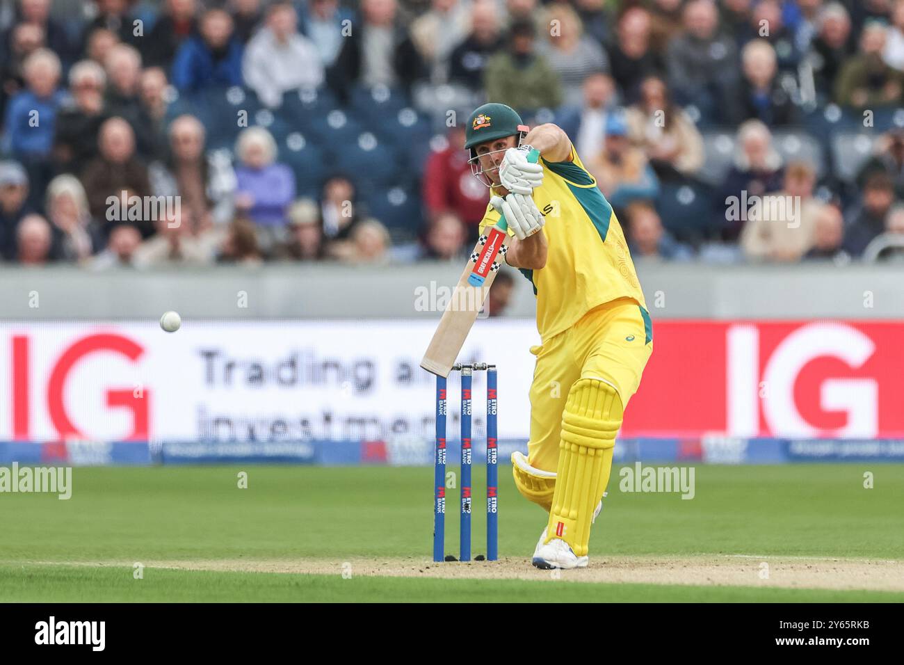 Mitchell Marsh d'Australie frappe un quatre lors du troisième match international de Metro Bank One Day Angleterre vs Australie au Seat unique Riverside, Chester-le-Street, Royaume-Uni, 24 septembre 2024 (photo par Mark Cosgrove/News images) à Chester-le-Street, Royaume-Uni, le 24 septembre 2024. (Photo Mark Cosgrove/News images/SIPA USA) Banque D'Images