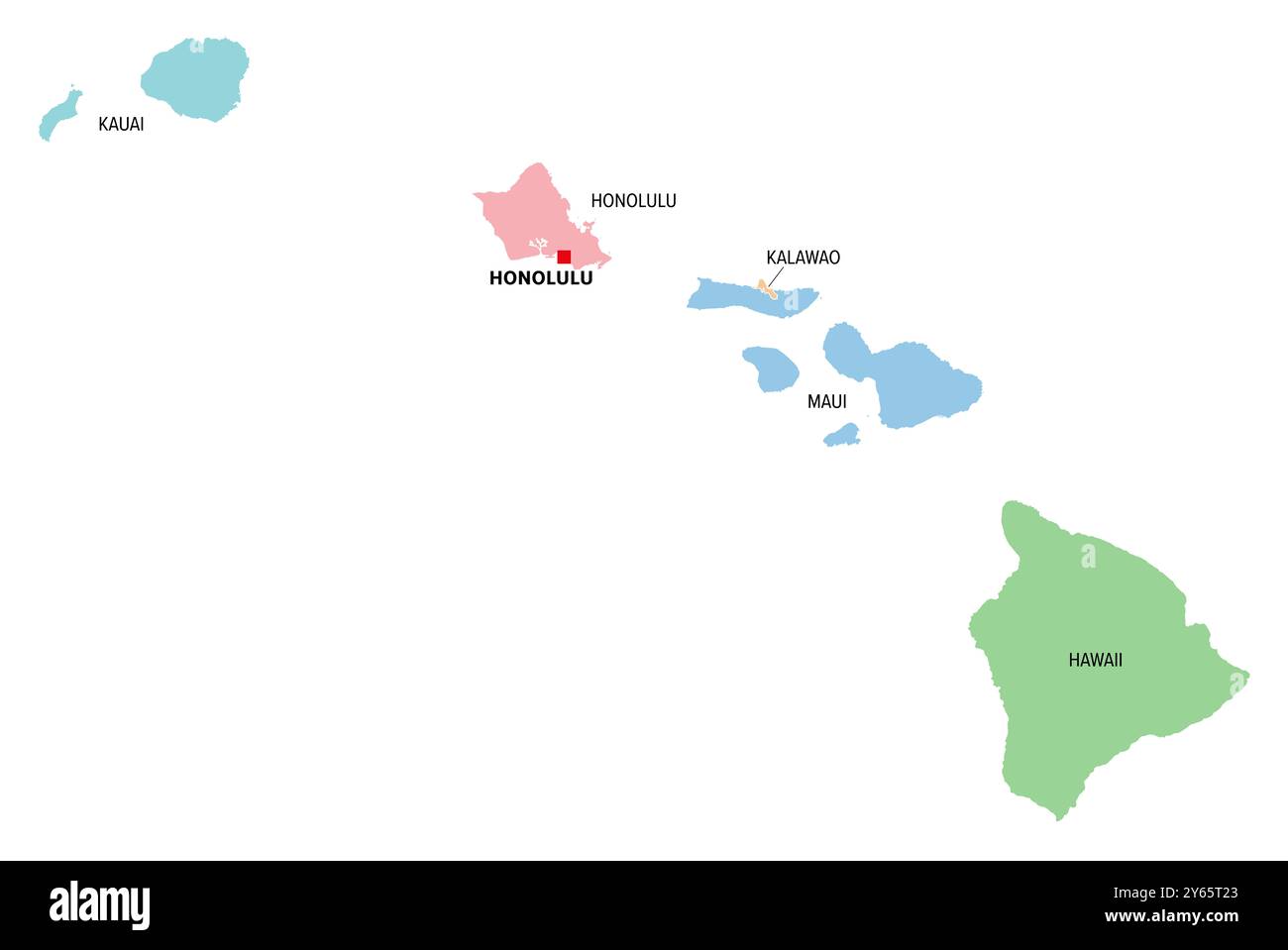 Hawaï, état américain, carte politique multicolore avec la capitale Honolulu. État insulaire des États-Unis dans le Pacifique, subdivisé en 5 comtés. Banque D'Images