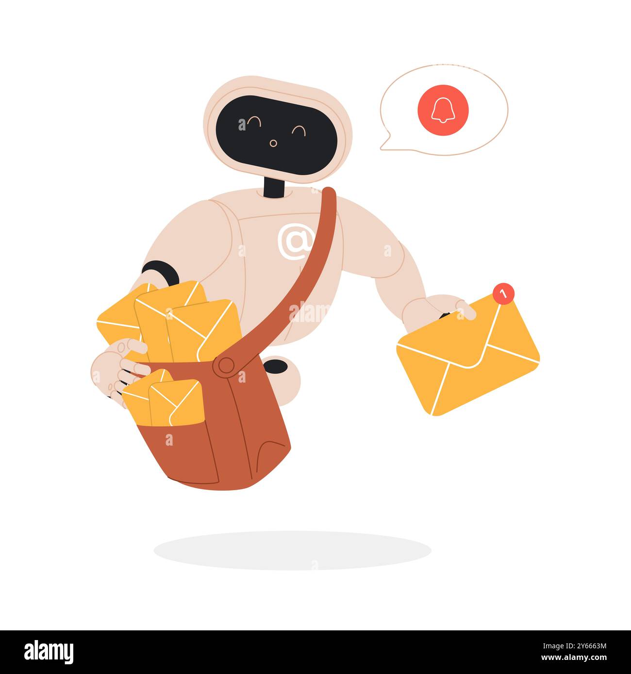 Gestion des messages de boîte aux lettres et automatisation de la livraison avec le service IA. Personnage robot futuriste mignon avec sac de facteur contenant des enveloppes avec des lettres d'email à livrer à l'utilisateur illustration vectorielle de dessin animé Illustration de Vecteur