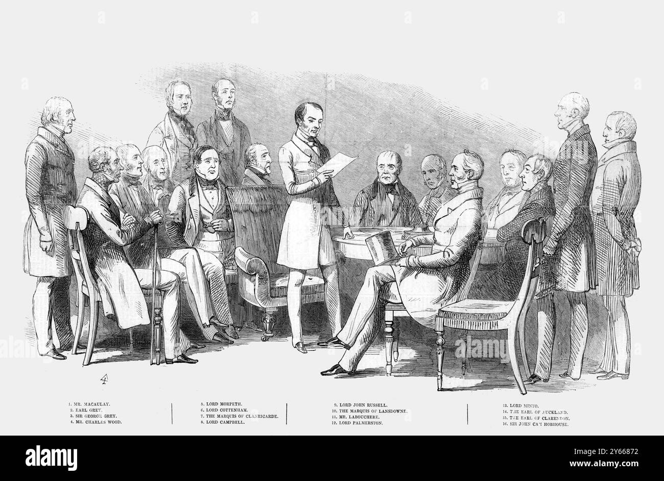 MINISTRES DU CABINET DE SA MAJESTÉ : M. MACAULEY, EARL GREY, SIR GEORGE GREY, MR. CHARLES WOOD, LORD MORPETH, LORD COTTENHAM, LE MARQUIS DE CLANRICARDE, LORD CAMPBELL, LORD JOHN RUSSELL, LE MARQUIS DE LANDSDOWNE, MR. LABOUCHERE, LORD PALMERSTON, LORD MINTO, LE COMTE D'AUCKLAND, LE COMTE DE CLARENDON, SIR JOHN CAM HOBHOUSE. 1846 Banque D'Images