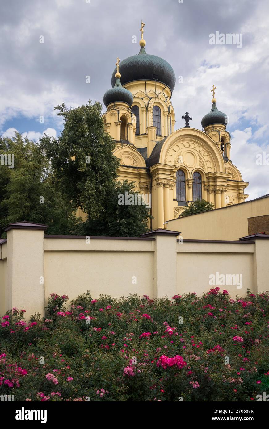 Une vue imprenable sur la cathédrale métropolitaine de Varsovie de la Marie-Madeleine entourée de roses en fleurs et d'un ciel spectaculaire, Pologne Banque D'Images