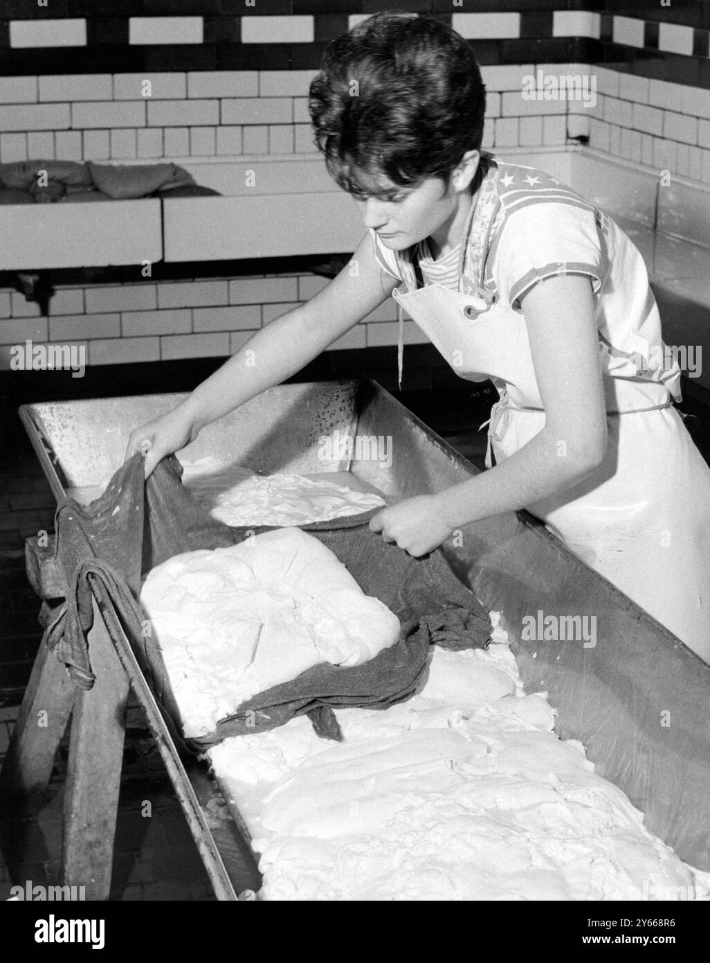 Colston Bassett and District Dairies Ltd fabrication de fromage - usine de fromage Stilton près de Newark , Notts Tipping Curd from égouttage de tissu 17 septembre 1962 Banque D'Images