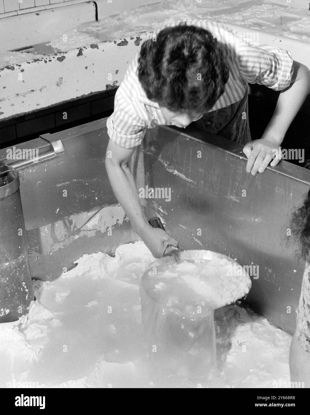 Fromagerie - fromagerie Stilton à Colston Bassett , couler du caillé d'un creux le 17 septembre 1962 Banque D'Images