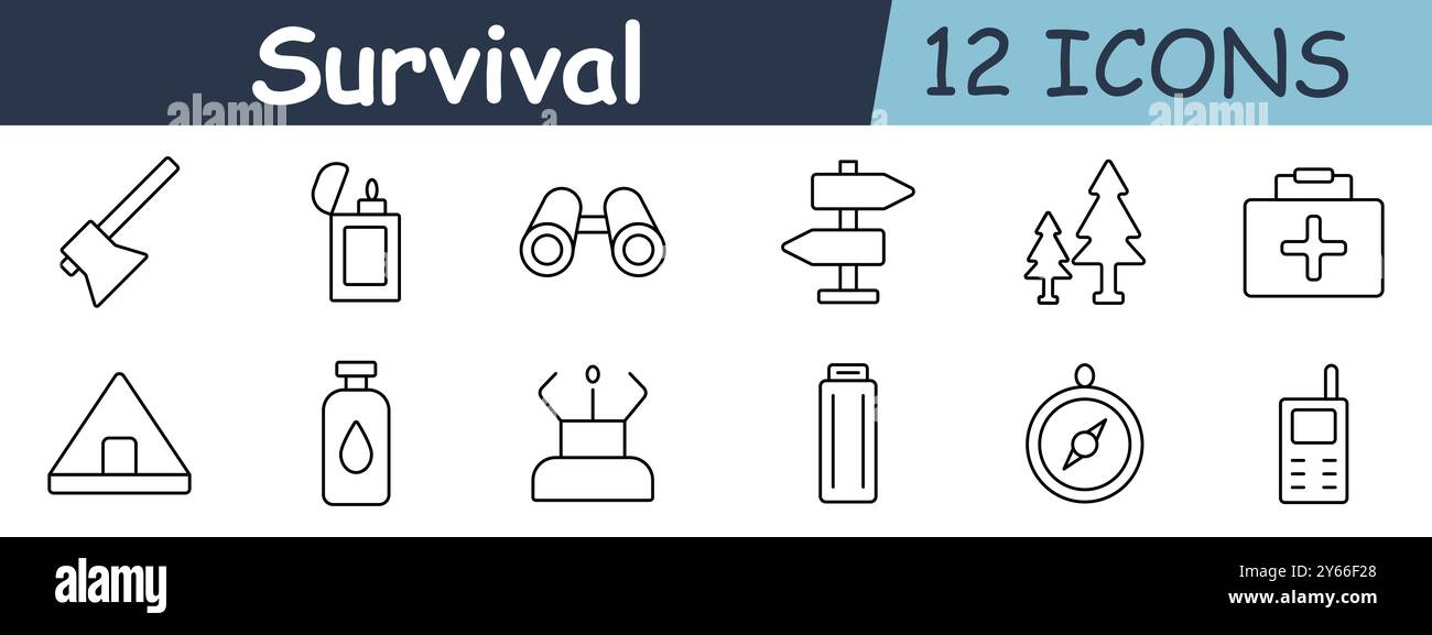 Icône de jeu de survie. Hache, briquet, jumelles, panneau indicateur, arbre, premiers soins, tente, bouteille, signal, batterie, boussole, radio, plein air, aventure Illustration de Vecteur
