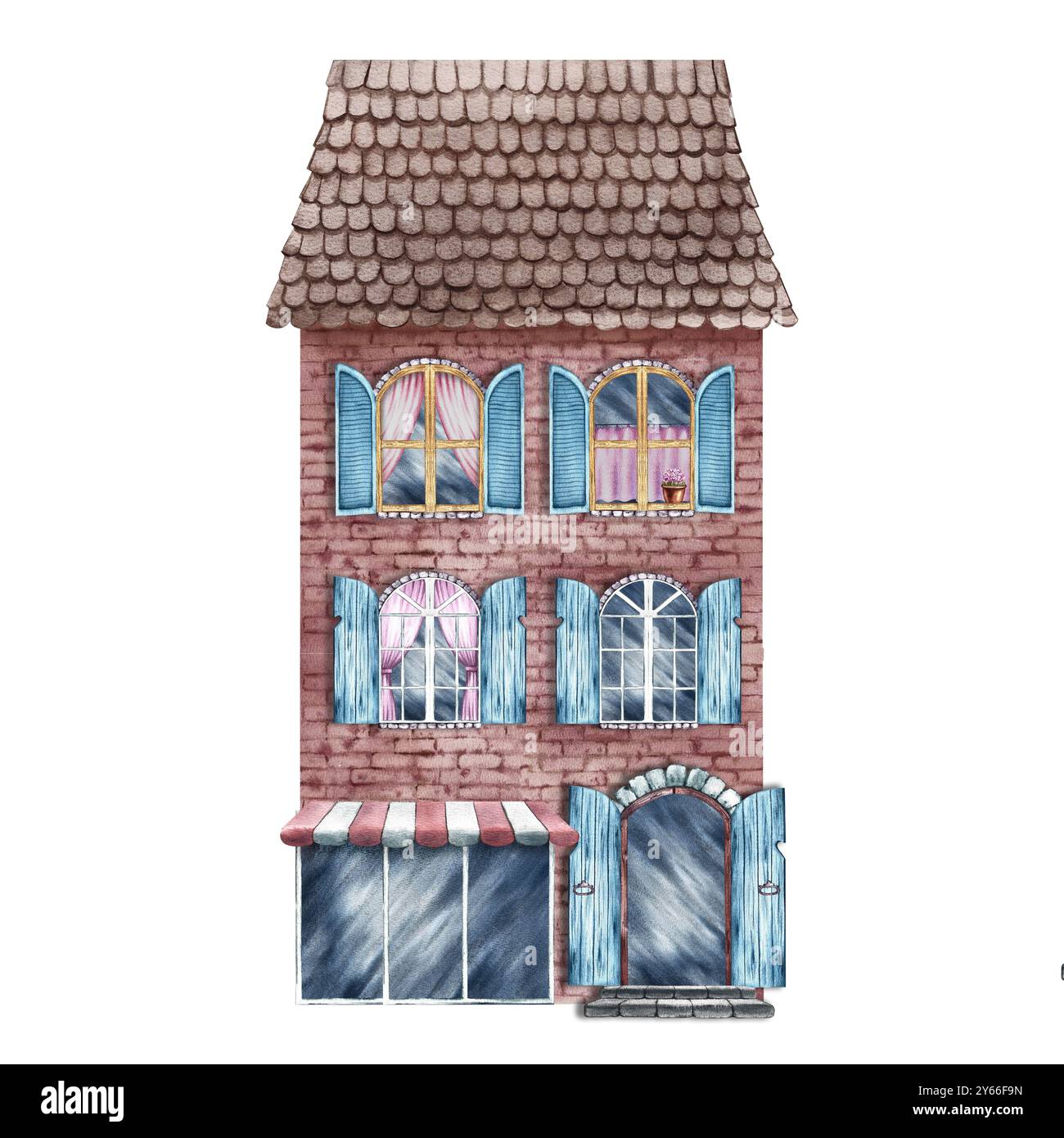 Une vieille maison avec une devanture. Toit en tuiles. L'illustration aquarelle est faite à la main. Mettez-le en surbrillance. Pour l'impression, jeux d'enfants, cartes postales, pack Banque D'Images