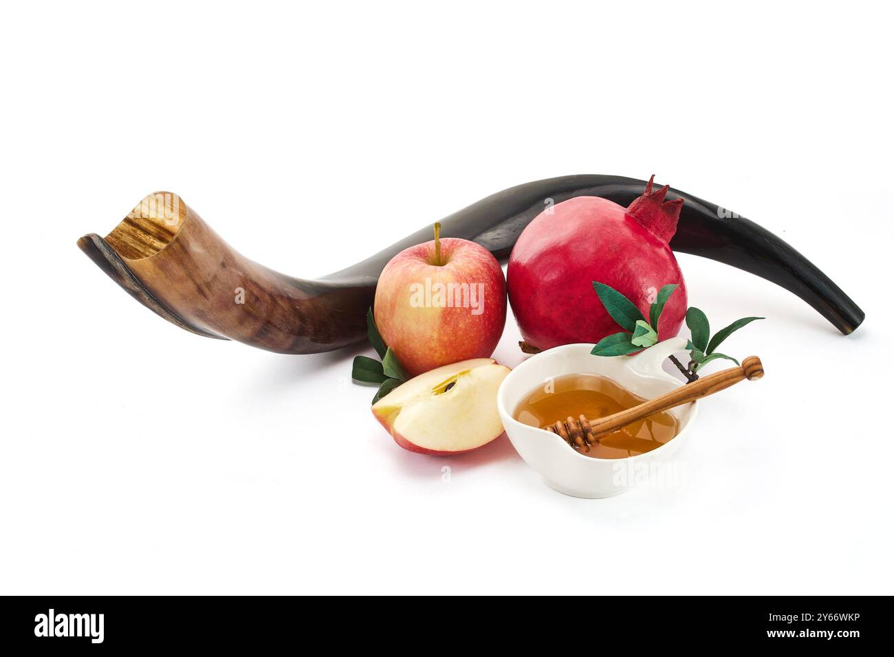 Rosh Hashanah. Composition juive du nouvel an avec shofar, miel, pomme et grenade. Banque D'Images